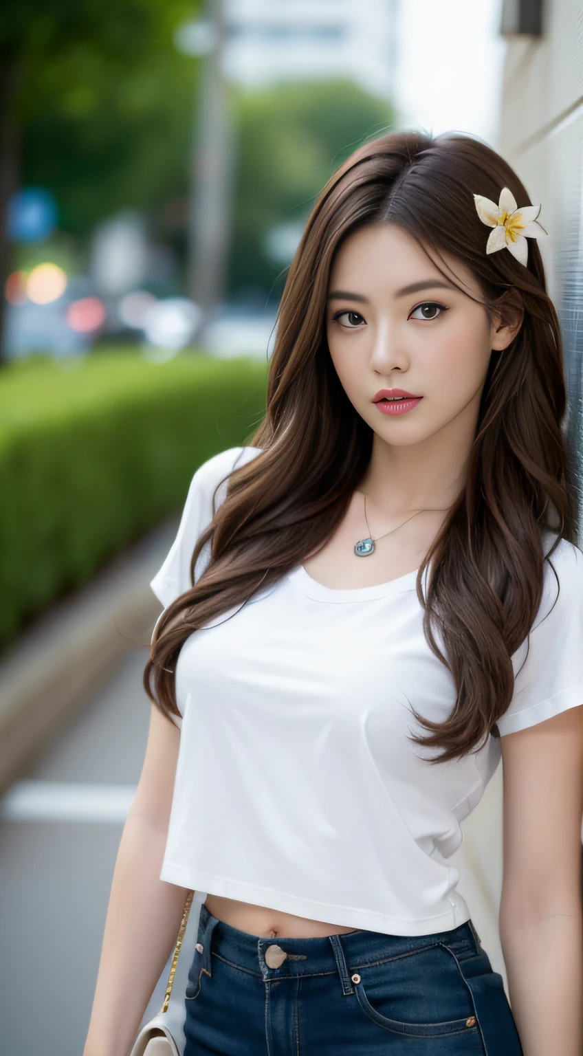((Realistic Lighting、The Highest Quality、8K、master masterpiece:1.3))、Clear Focus:1.2、1人の女の子、Perfect Body Beauty:1.4、Slim abs:1.1、total body、((darkbrown hair、big,,:1.3))、(Acceleration:1.4)、(out door、NIGHT:1.1)、View of Waikiki Beach、Slender face、fine eyes、Double Eyelid、poses of fashion models、Floating hair、Plumeria hair ornament、T‐shirt、Pendants、