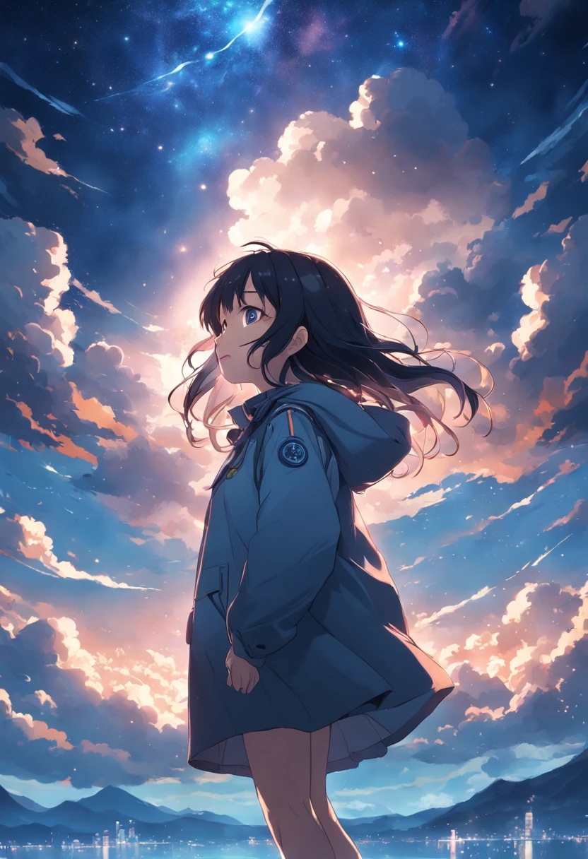 masterpiece、top-quality、Movie stills、1girl in、Dark hair、parka、Cloud Girl、floating in sky、a closeup、with light glowing、Happiness、Warm and soft lighting、starrysky、(Spark:0.7)、Do not photograph hands