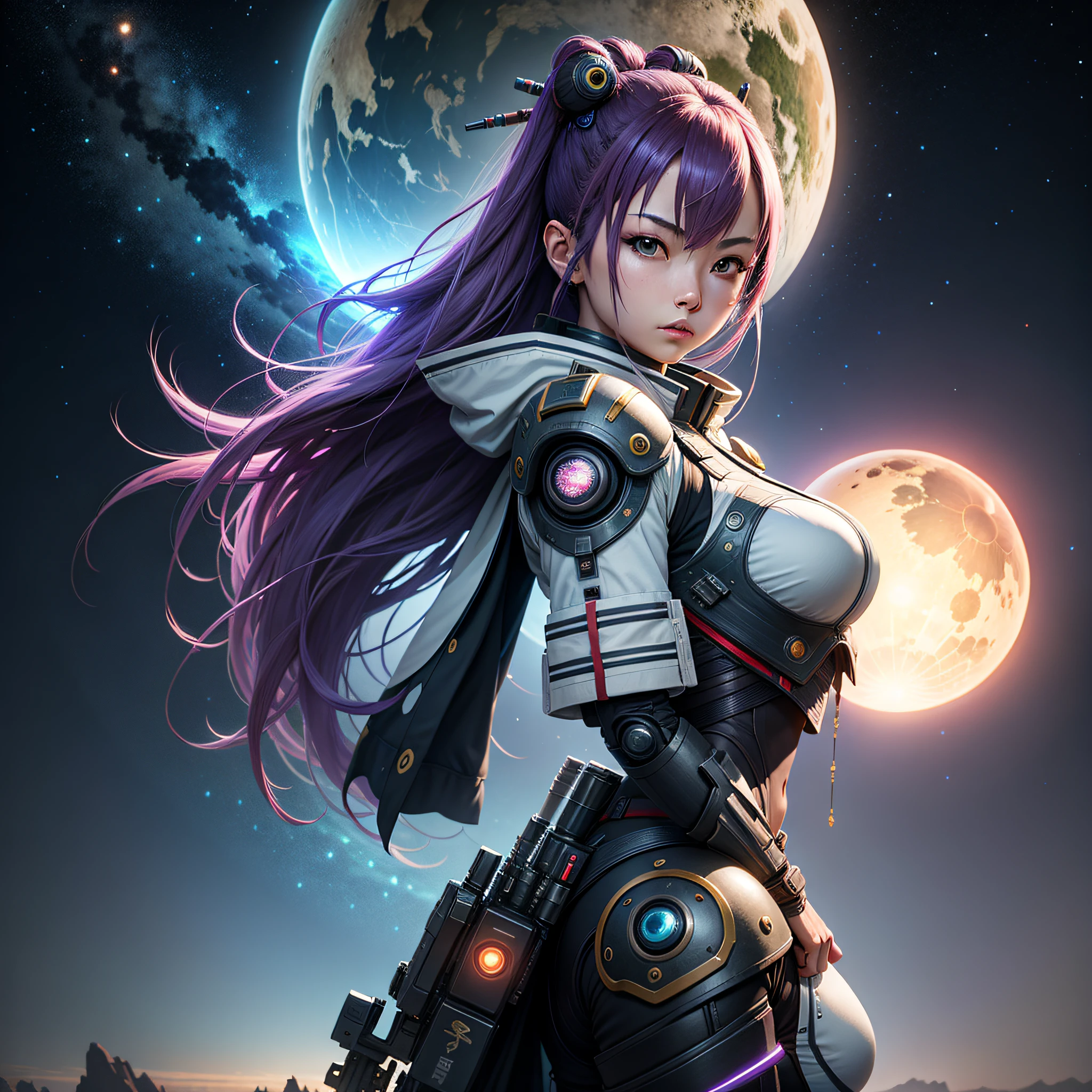 `japanese alien cyber punk female warrior 8k detailed horizon planets in sky`