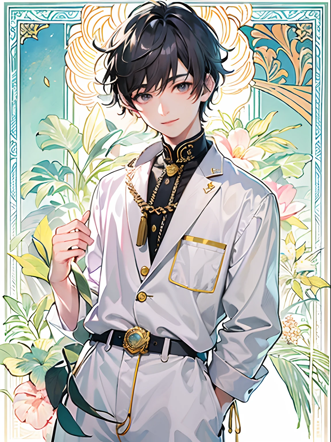 (masterpiece、top-quality、top-quality、Official art、Beautifully Aesthetic:1.2)、(1boys:1.3)、(Fractal Art:1.3)、single shot、Bust-up shot、Cute 14 year old boy with short black hair and big eyes、His hair is black and shiny. He has short straight hair with a natural and neat hairstyle.、male people、Pants Style、A slight smil、Dancing Boy、Pale on a very white background々Pastel rainbow dancing design、pastel pink、pastel blue、asian