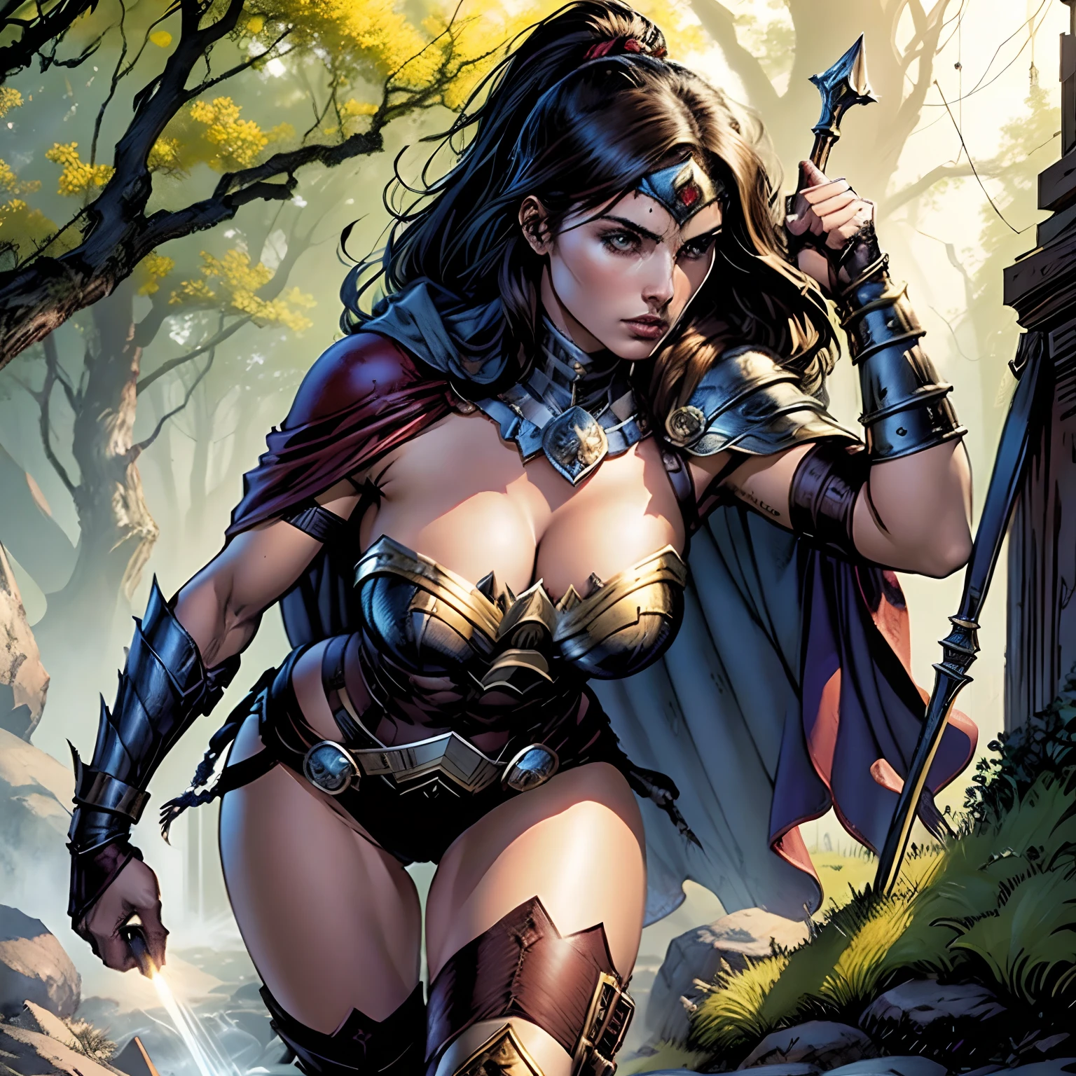 asterpiece, top quality, best quality, official art, beautiful and aesthetic:1.2), (1girl:1.3), dark brown hair in a huge ponytail, extremely detailed, portrait, looking at viewer, solo, (full body:0.6), detailed background, close up, (hot summer coliseum theme:1.1), human gladiatrix, charlatan, mysterious, walking in forest, revealing bronze gladiator armor, spear and shield, metal bikini, topless, tits out, brown leather, cowl, cloak, bracers, armor, gauntlets, helmet, facemask, long boots, buckles, straps, light grey fabric, brown leather, gigantic breasts, cleavage, skindentation, slim waist, slim hips, long legs, medieval (coliseum arena exterior:1.1) background, dark mysterious lighting, shadows, magical atmosphere, dutch angle, (((Balsamique)))