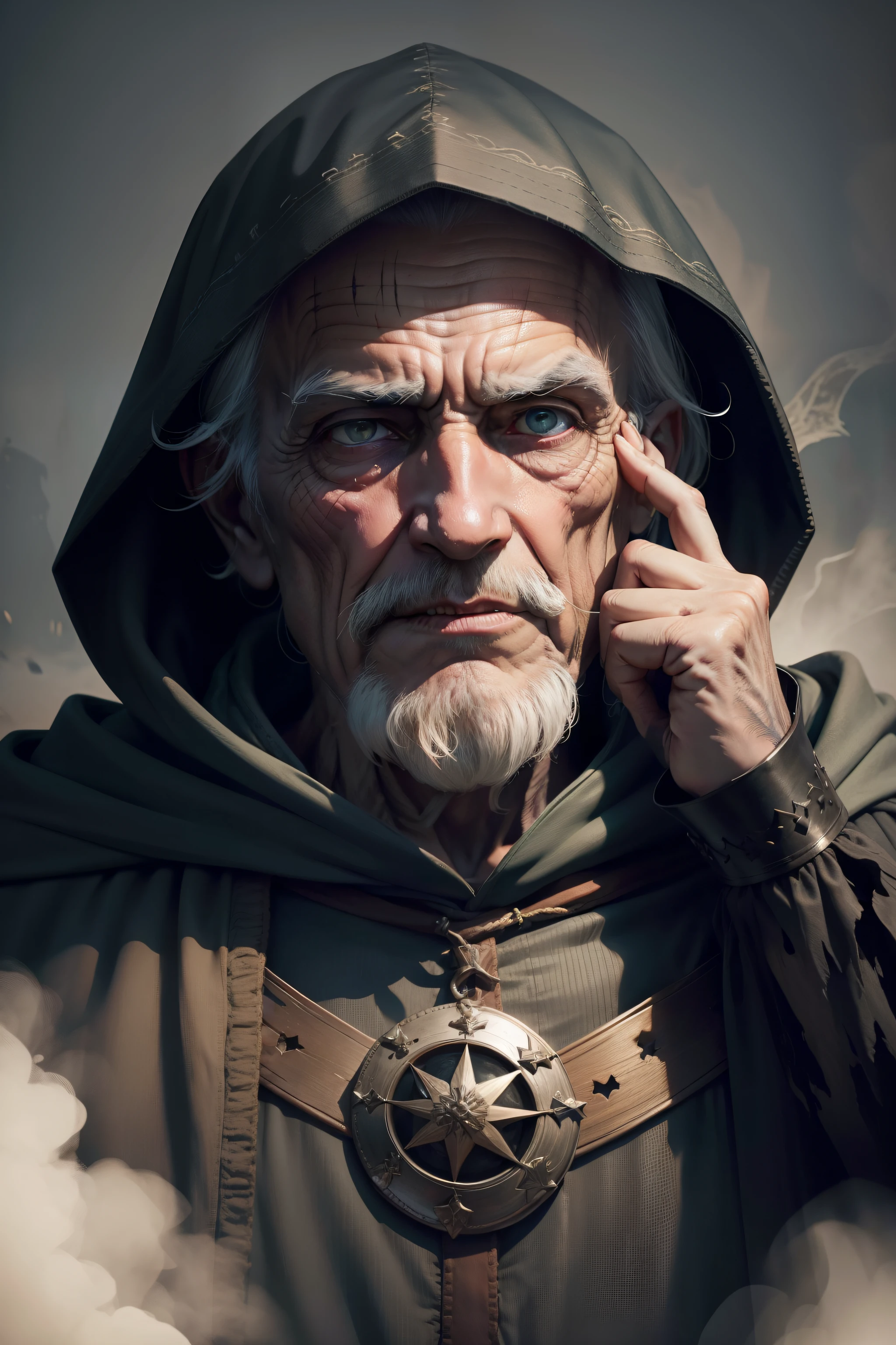 old man from medieval times, in torn hood, face with sinister and mysterious look, asking for hush and hush, gesturing with finger in front of mouth, saying shh or keeping a secret,