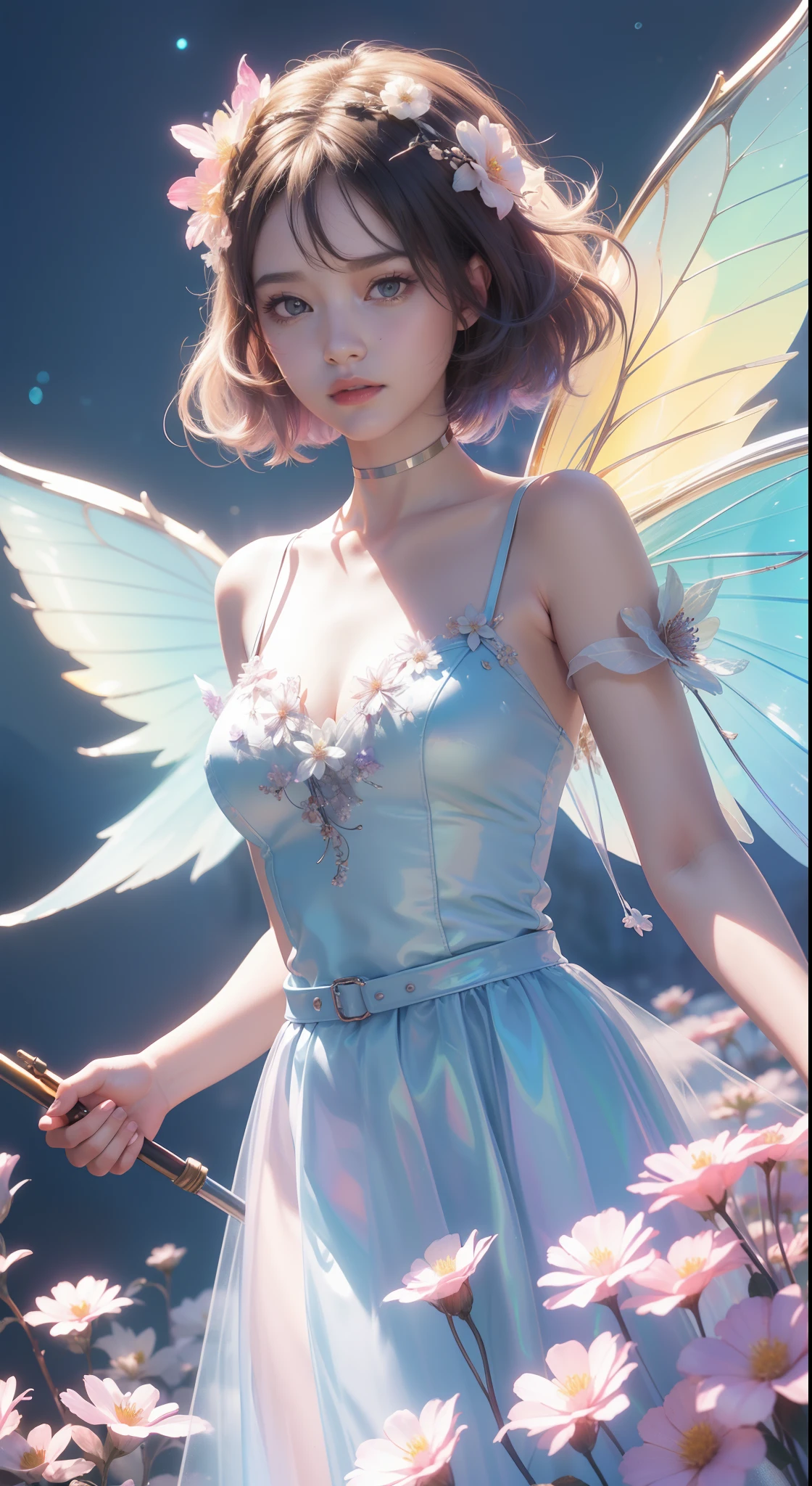 Highest quality,The perfect masterpiece,Perfect artwork,official works,8K,, Close-up Shot Shot,Delicate face,, ,White-haired girl,(whaite hair:1.5),Short and medium hair,((White transparent eyes:1.5)),(White dress:1.2),(Transparent clothing:1.2),((butterflys)), purpleish color,Pink big breasts,blue colors,golden colored, Pearl hallucination,Cyberpunk,fashionable and trendy,3S Material,k hd,detail representation,C4D,。.3D,Octane rendering,Ray tracing,Complex details,animation lighting,oCrenderer,