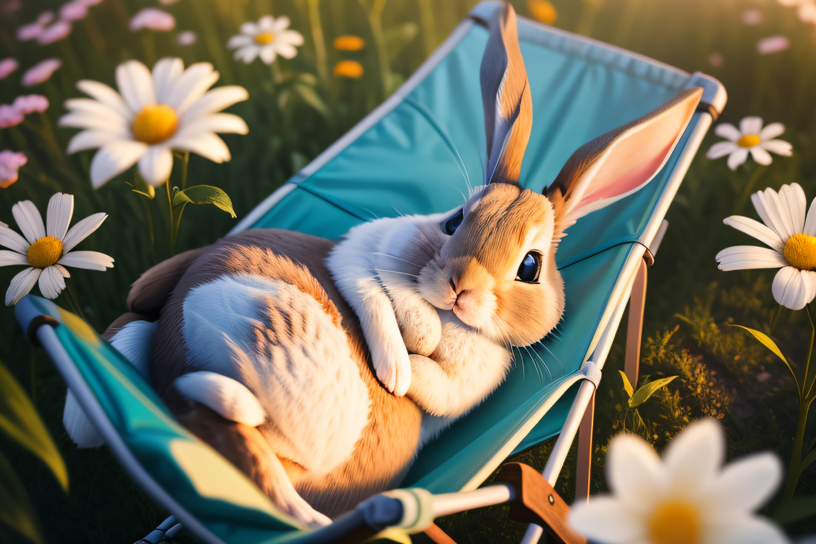 Photo of a little rabbit lying on a camping chair,Aerial overhead shot,clean backdrop,depth of fields,largeaperture,photography of,volume fog,Halo,blooms,Dramatic atmosphere