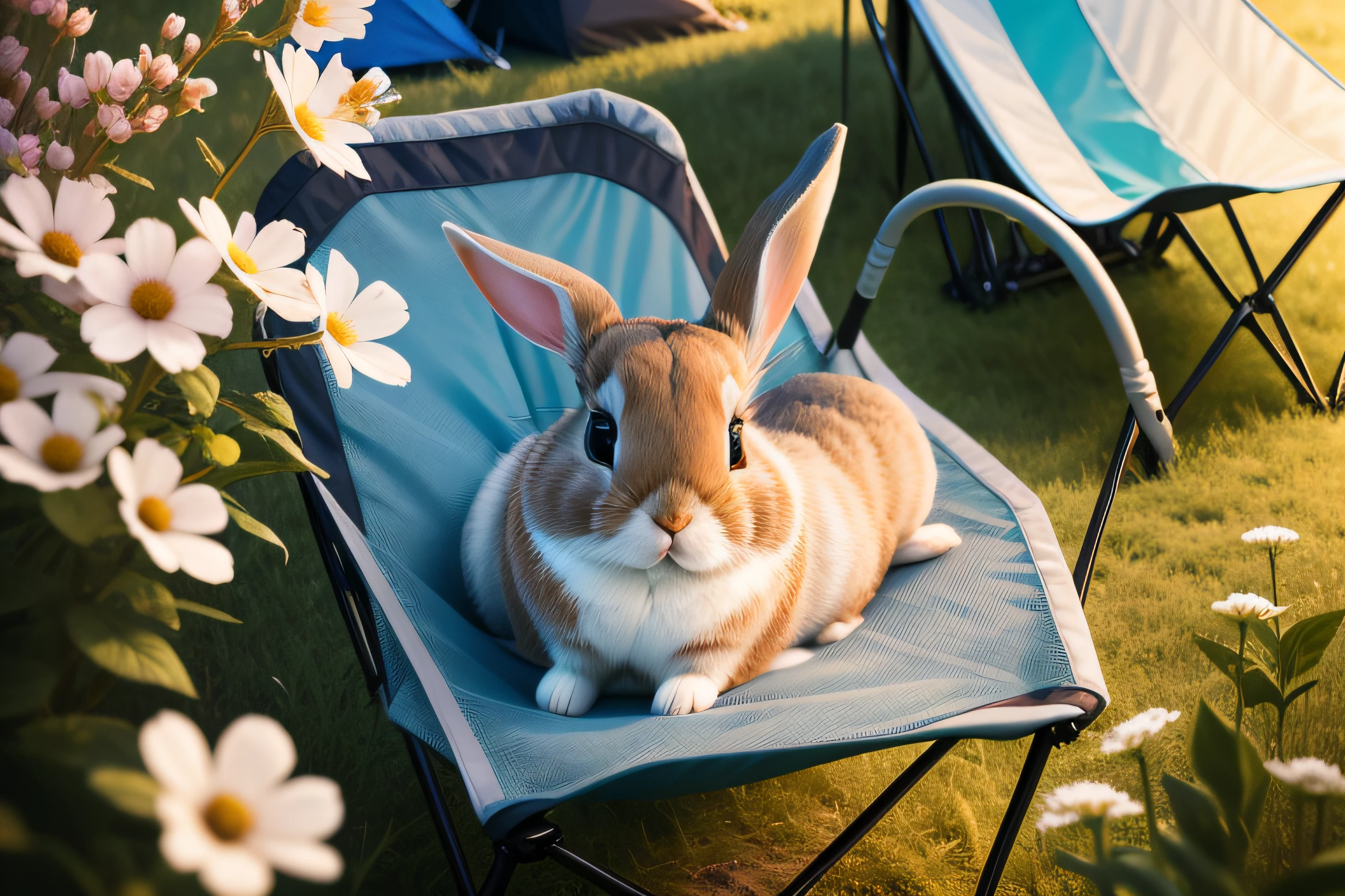 Photo of a little rabbit lying on a camping chair,Aerial overhead shot,clean backdrop,depth of fields,largeaperture,photography of,volume fog,Halo,blooms,Dramatic atmosphere