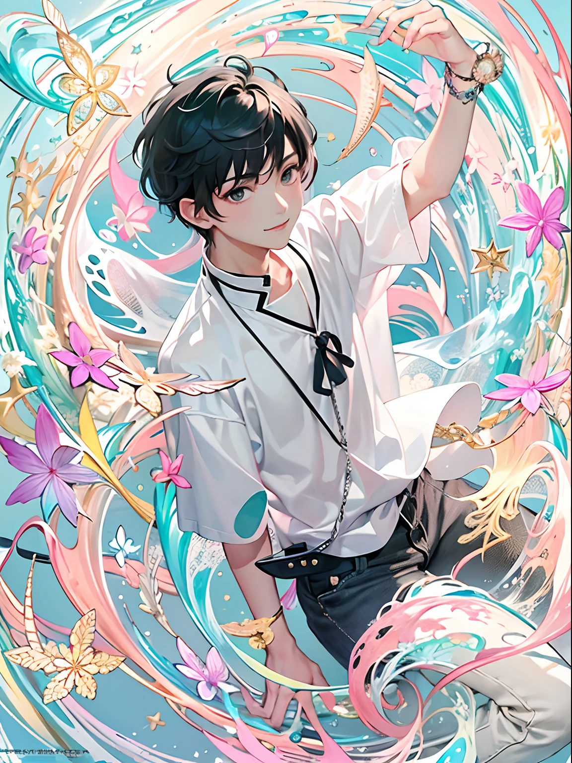 (​masterpiece、top-quality、top-quality、Official art、Beautifully Aesthetic:1.2)、(1boys:1.3)、(Fractal Art:1.3)、single shot、Bust-up shot、Cute 14 year old boy with short black hair and big eyes、His hair is black and shiny. He has short straight hair with a natural and neat hairstyle.、Pants Style、A slight smil、Dancing Boy、Design with dancing rainbow in pale pastel colors on pure white background、pastel pink、pastel blue、asian