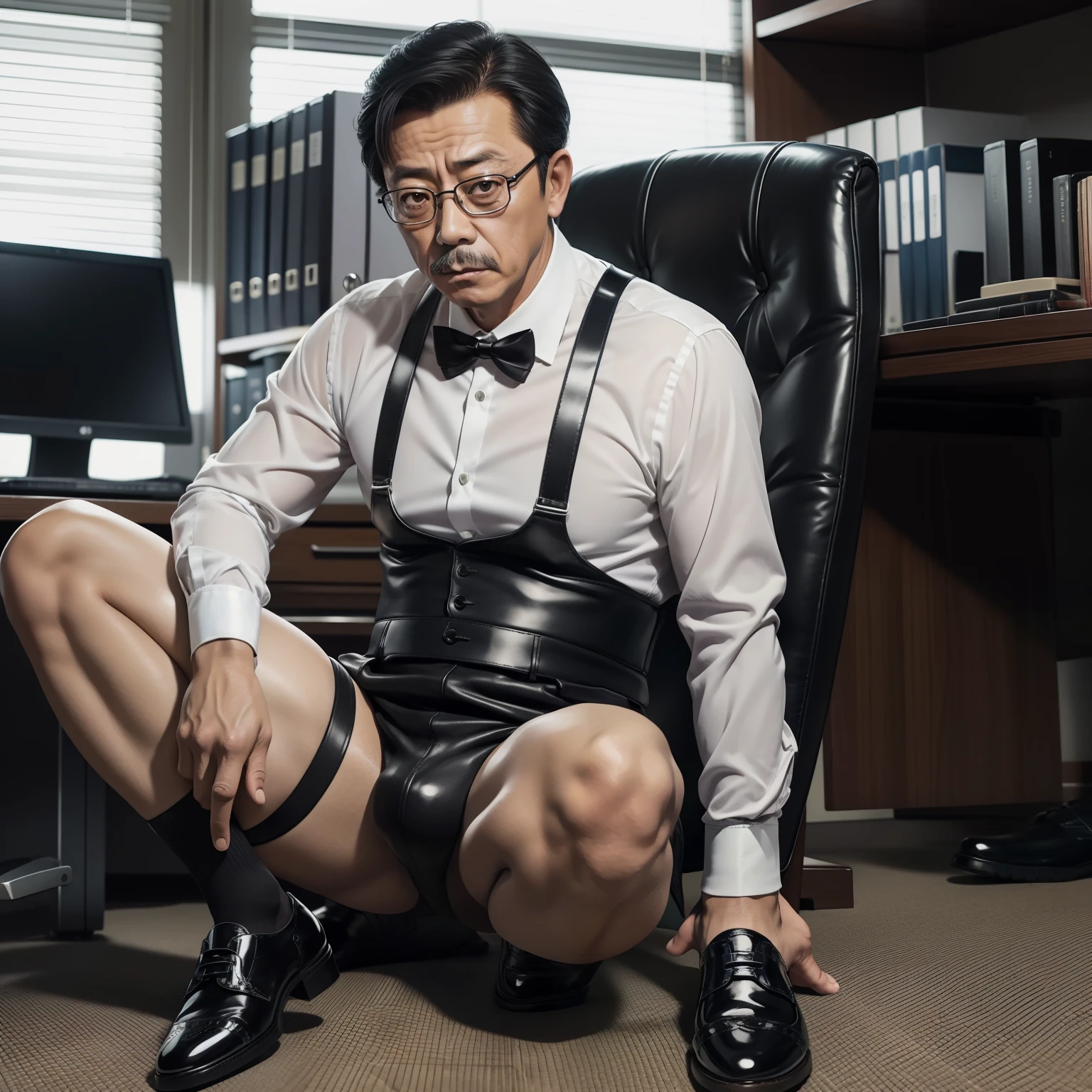 age 55，Kogoro Mouri，uncles，Gay，Tong，Bulge，fortitude，Sitting in the office，Black short stockings，Suspenders，(There is a milky white liquid on the leather shoes )