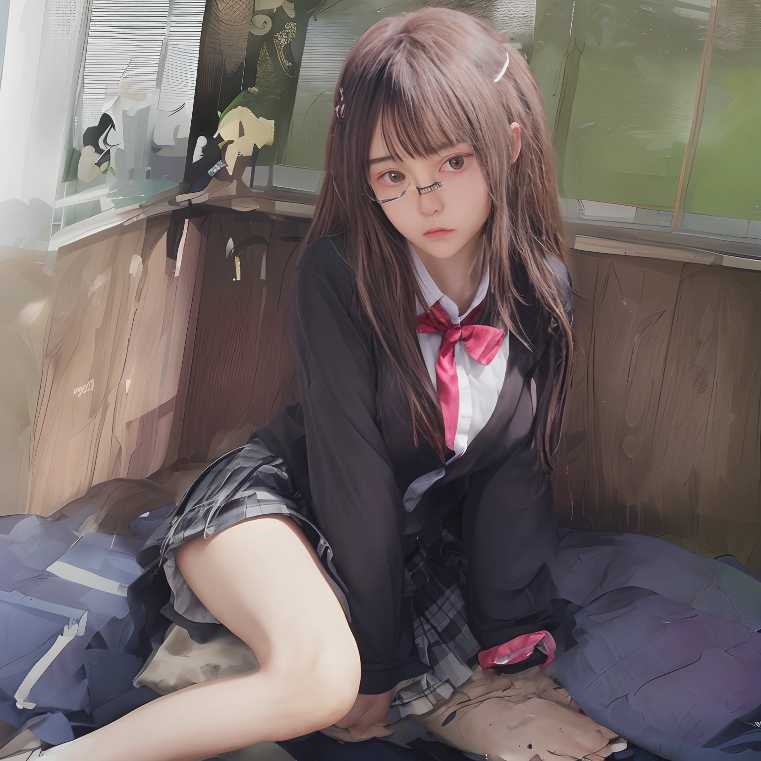 17Year old girl High school girl in black high socks Japan puffed out cheeks Fume Lack of eye power The skirt is ironed The shirt is ironed The tie is about to come off plaid skirts Glasses Twin Tail