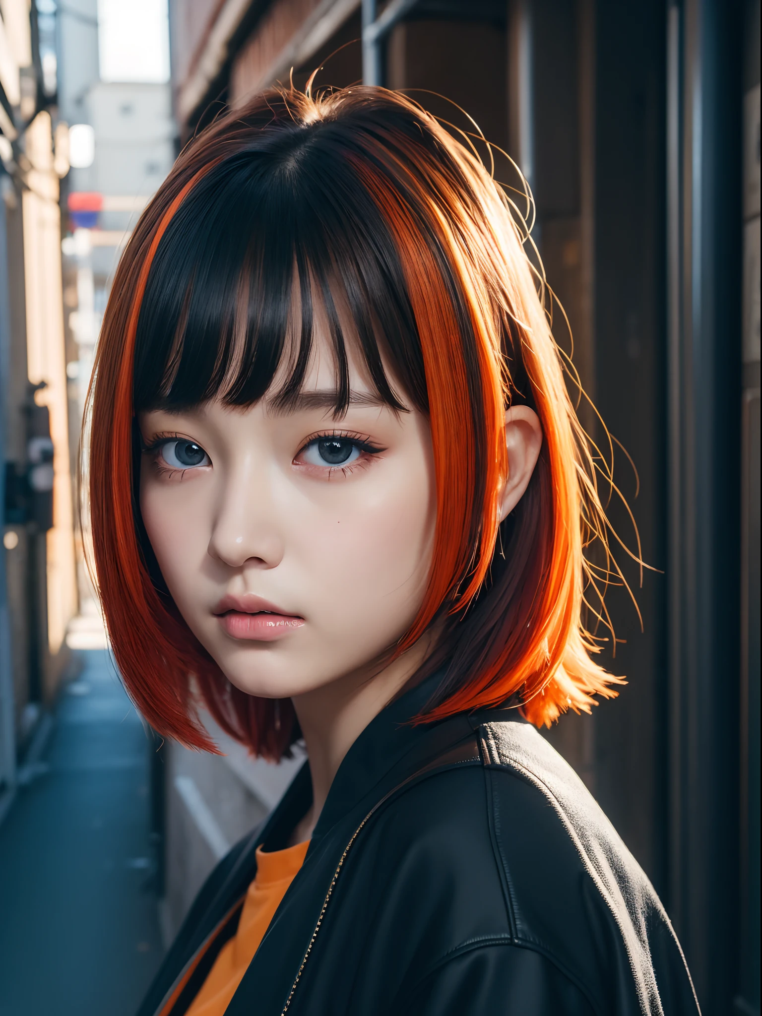 the Extremely Detailed CG Unity 8K Wallpapers、top-quality、ultra-detailliert、​masterpiece、studio shoot、Full body portrait、Orange and black jacket、realisitic、Photo Real、extremely detailed cute girl、独奏、sixteen years old、side glance, Melancholy look, Urban back alley background, Avant-garde hair, Asymmetrical hair, Black and orange multi-colored hair,