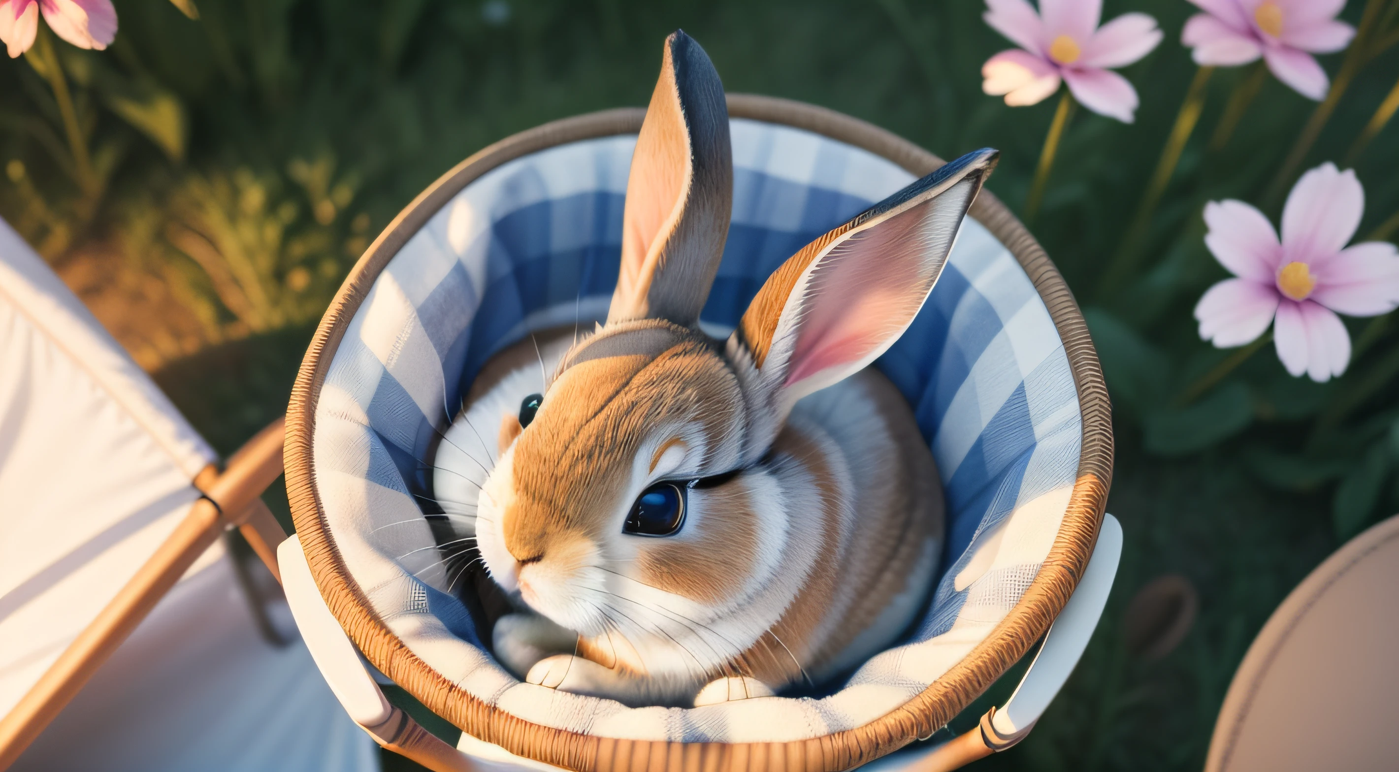 Photo of a little rabbit lying on a camping chair，Aerial overhead shot，clean backdrop，depth of fields，largeaperture，photography of，volume fog，Halo，blooms，Dramatic atmosphere
