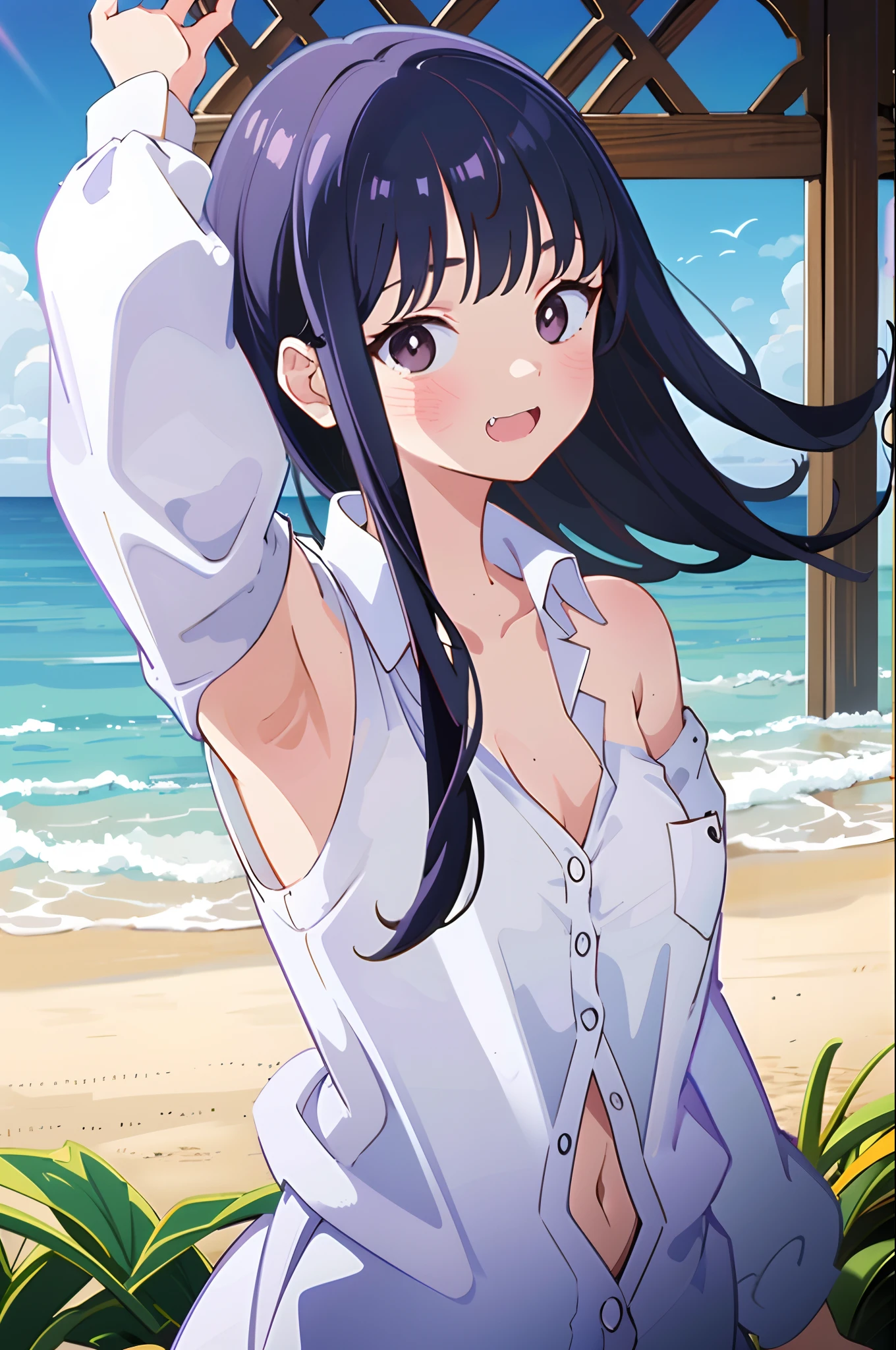 Anna yamada, black hair, brown, masterpiece, best quality, highres, 1girl, solo, fang, skin fang, short hair, (mole on thigh:0.8), bangs, hair behind ear, purple eyes, hair ornament, bad mod, beach, squatting, small chest, short height, little girl, flat chest, small, cleavage, ((bare shoulder)), exposed, loose shirt, navel, presenting armpit