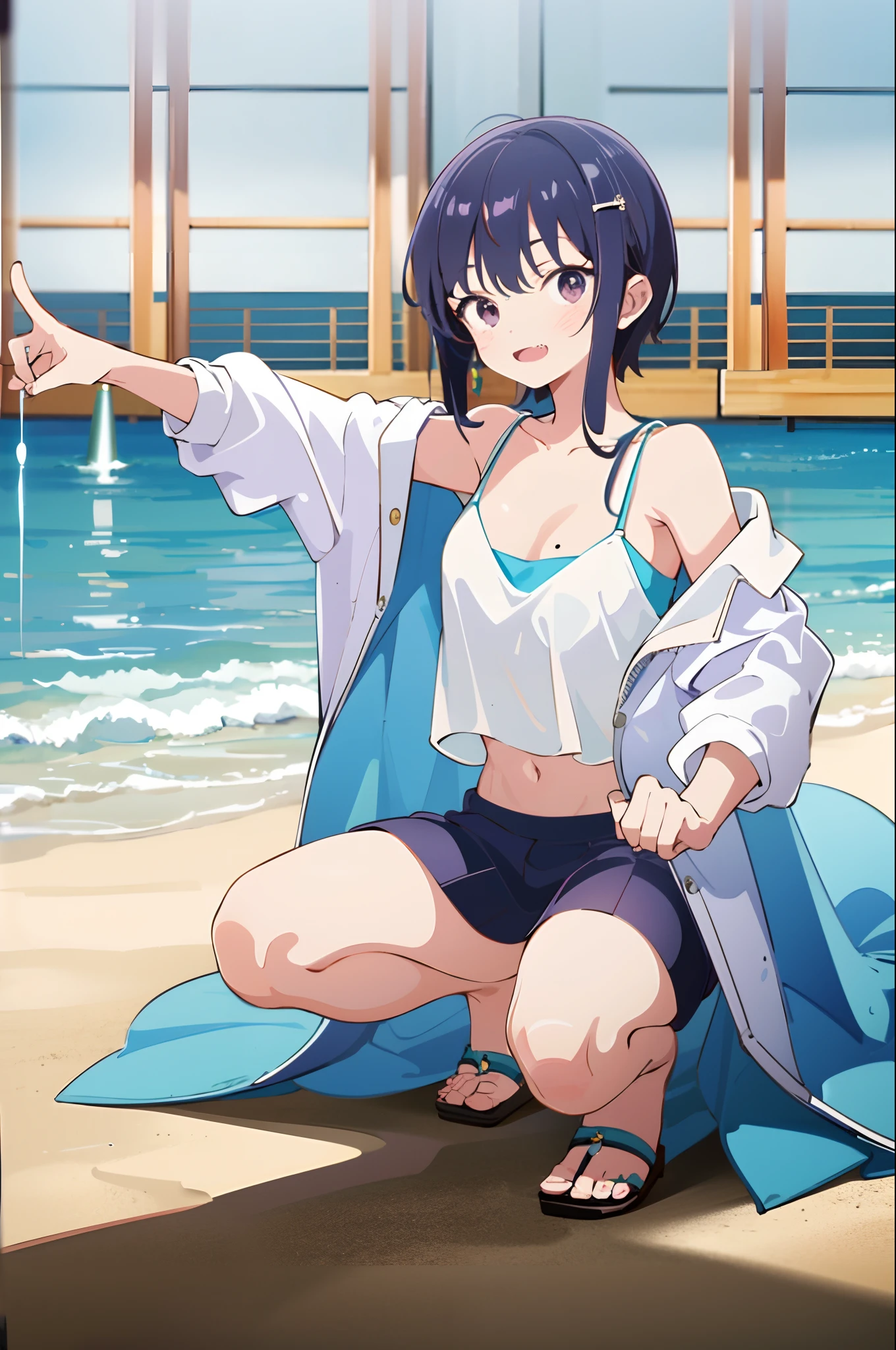 Anna yamada, black hair, brown, masterpiece, best quality, highres, 1girl, solo, fang, skin fang, short hair, (mole on thigh:0.8), bangs, hair behind ear, purple eyes, hair ornament, bad mod, beach, squatting, small chest, short height, little girl, flat chest, small, cleavage, ((bare shoulder)), exposed, loose shirt, navel, presenting armpit