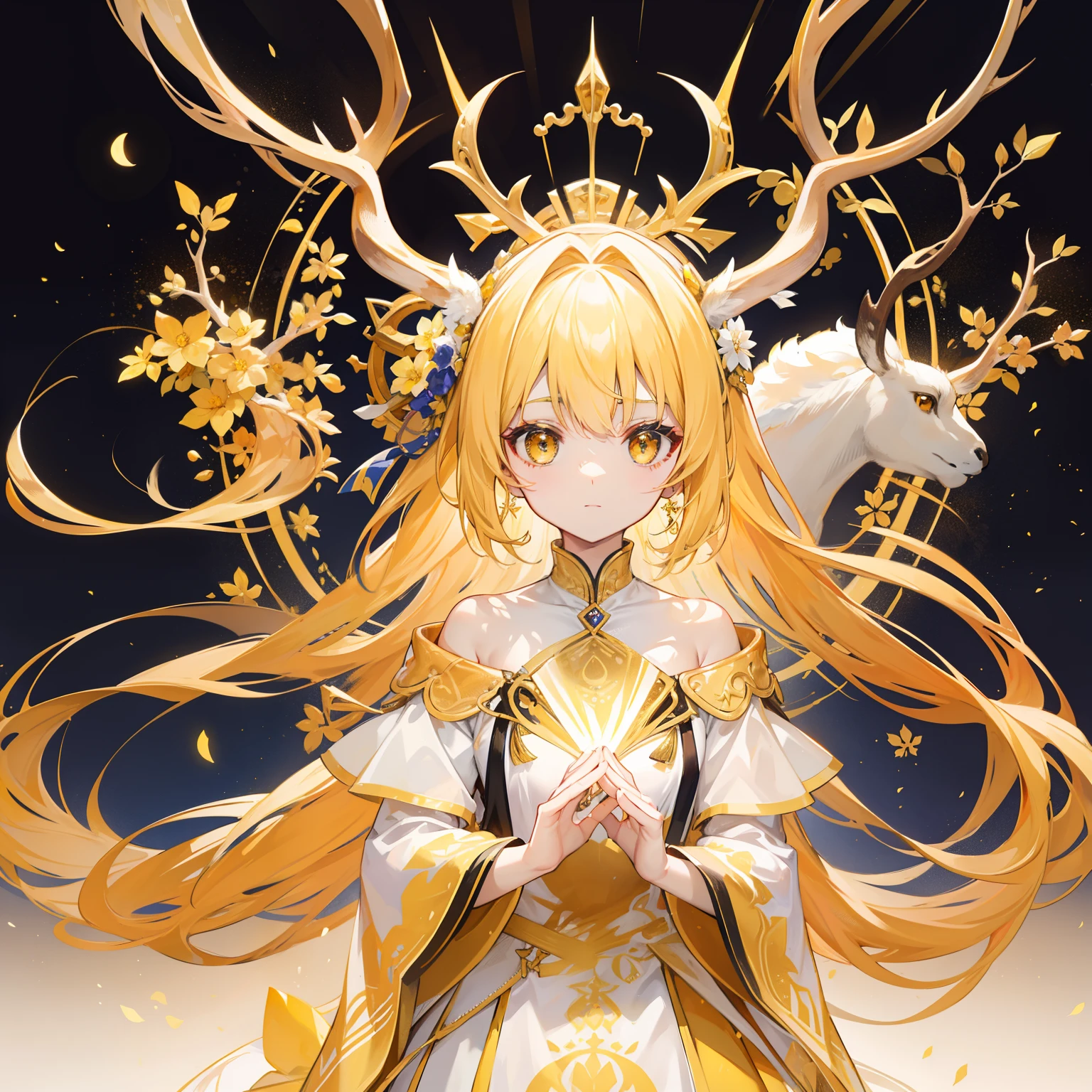 The Title Douluo Continent with multiple golden soul rings，It's a beautiful sister，Yellow, gold, and white color scheme，It is called the golden horned deer