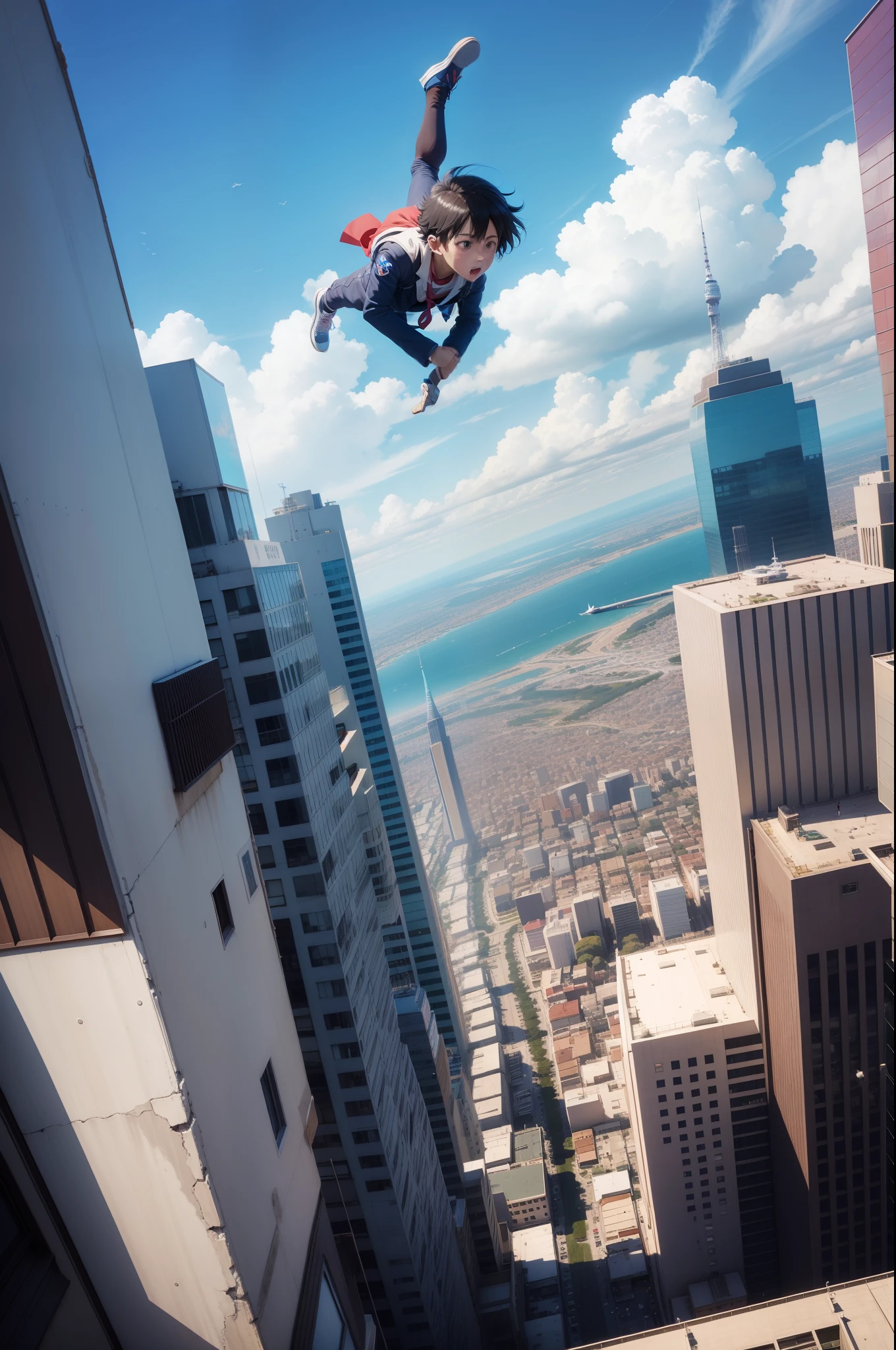Anime boy flying over the city、blue-sky