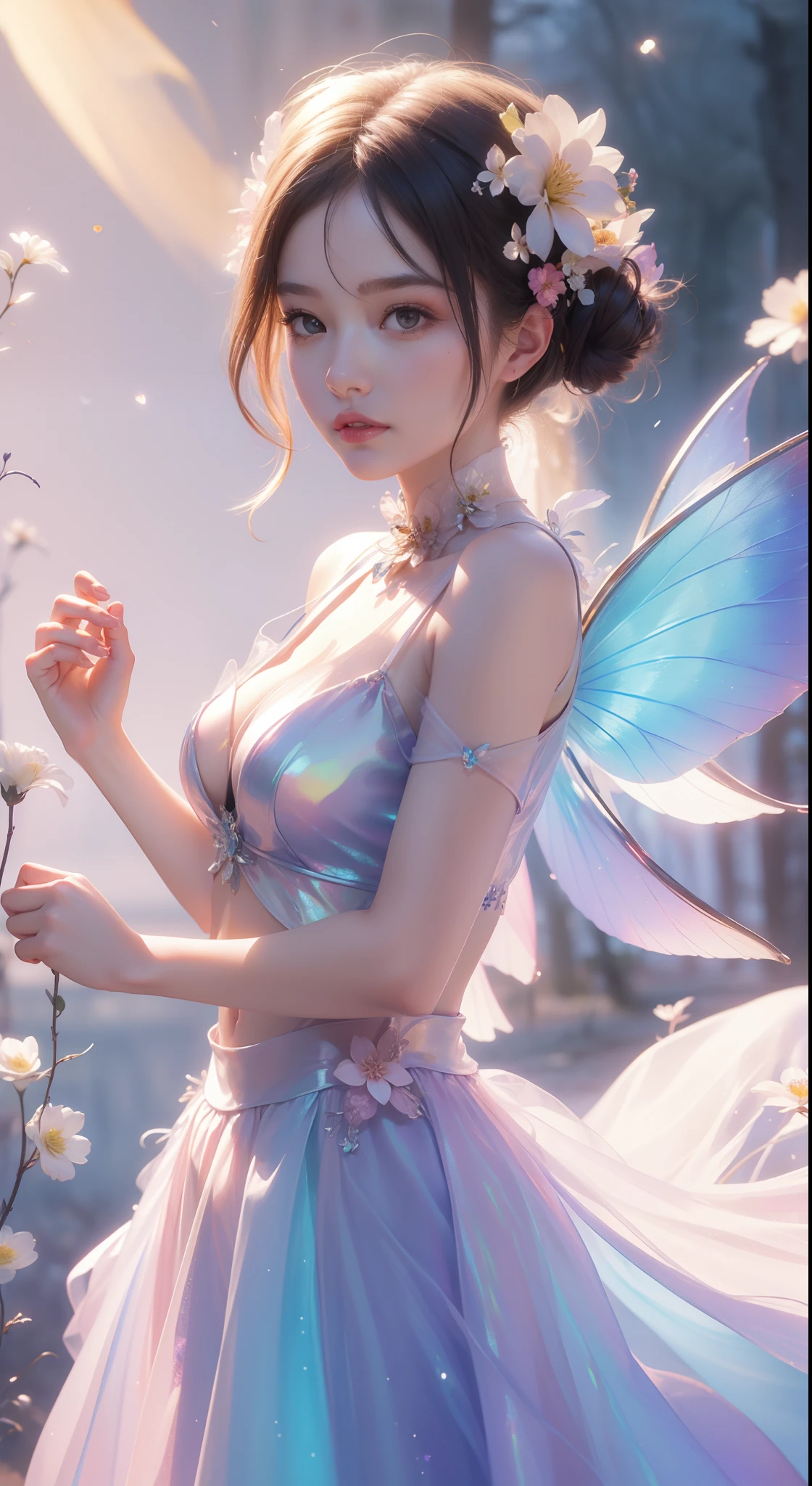 (((A girl))，Hair covered with flowers，Long skirt，Irridescent color，(the Flower Fairy)，Colorful wings，(Rich colors)，springtime，The Arthur effect, Transparent body, Gradient translucent glass melt, Caustics, Irridescent color, Designed by Dietrams, Simple, Glows in high detail, white backgrounid, industrial design, studio lit, C4D, OC renderer, Clean shadows, 4K