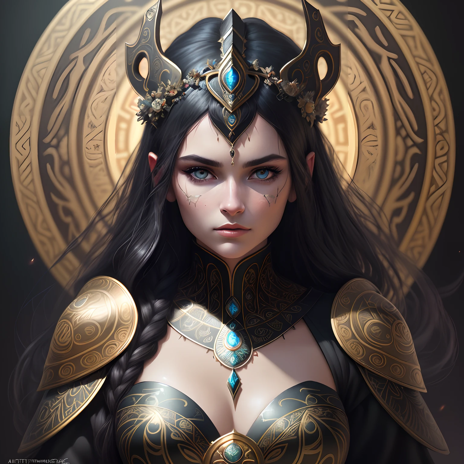 {{Photorealistic}}, Waist high portrait of a beautiful Scandinavian goddess,Her name is Ava, Perfect detailed face, detailed symmetric hazel eyes with circular iris, Realistic, stunning realistic photograph, a 3D render, rendering by octane, intricately details, Cinematic, trending on artstationh, isometry, Centered hipereallistic cover photo, Awesome full color, handpainted, Dark, grittiness, Mucha, Klimt, erte 12k, High definition, Cinematic, neoprene, behance contest winner, portrait featured on unsplash, Stylized digital art, smooth, hyper HD, 8K, Unreal Engine 5, super sharp focus, masterpiece of intricate artwork, Ominous, Epic, TanvirTamim, trending on artstationh, By Artgerm, h. r. Giger and Beksinski, Highly detailed, vibrant, {in the style of artgerm}