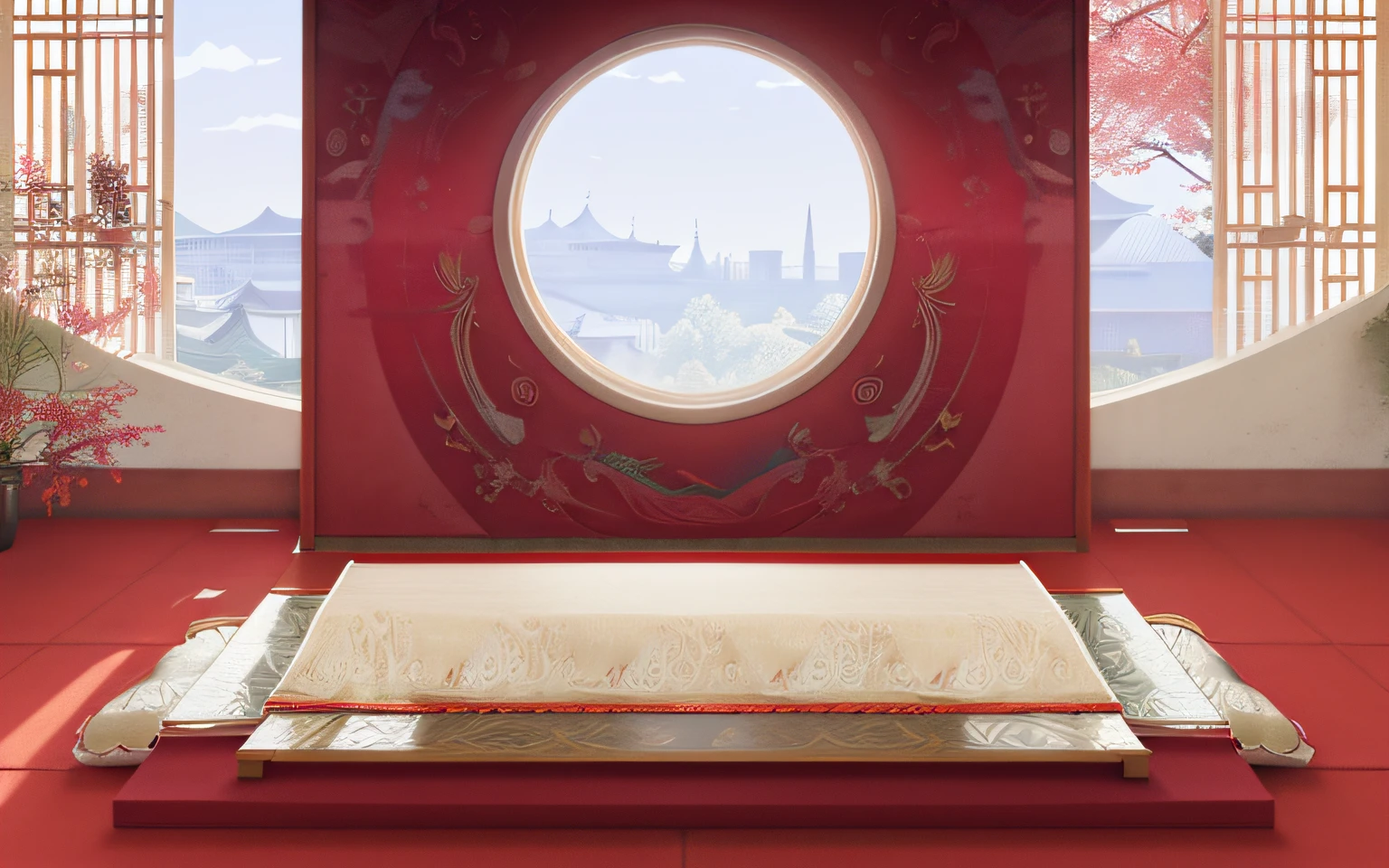 There is a room with round windows and red walls, palace background, Detailed landscape Zen temple background, indoor background, Anime background art, Zen style