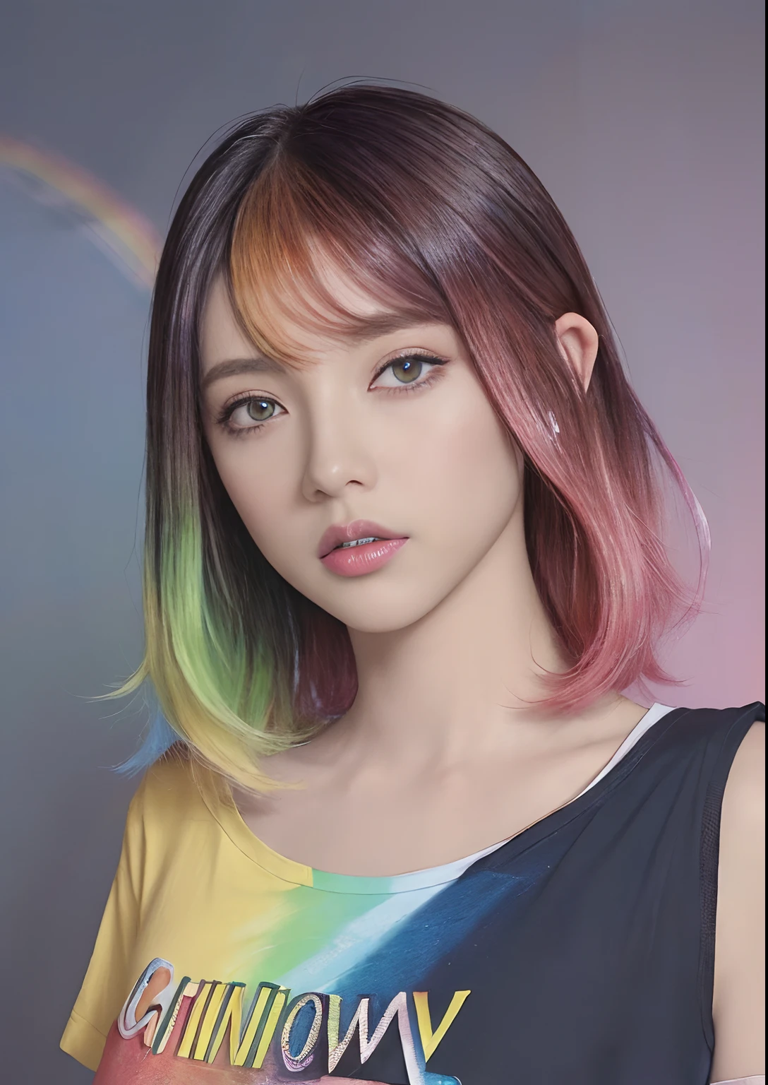 (Camiseta Rosa Moda:1.9)、(cabelos coloridos:1.8)、(all colors of the rainbow:1.8)、((((pintura vertical:1.6)))、(Pintura:1.6)、Fachada、olho grande、Olhos puros、(Cauda de cavalo alta com gradiente iridescente:1.7)、maquiagem requintada、boca fechada、(Pequeno fresco:1.5)、(Limpar peito:1.6)、long eyeslashes、T-shirt branca off-shoulder grandes olhos lacrimejantes、(Hair colored with rainbow:1.6)、Color Explosion, messy lines, ((BRILHA)), (colorido), estilo de pintura chique, (Respingos de cor), pintura vertical, NSFW、 respingos de tinta, Acrylic Pigment, Gradientes, profundidade de campos, pintura facial, roupas coloridas, (Elegent: 1.2), gorgeous,comprimento do cabelo, O Vento, (Elegent: 1.3), (flower petals:1.4)、(((obra prima)))、(((qualidade superior)))、((ultra-detalhada))、(dynamic nail)、((Planctônico))、(pintar)、((cabelos desgrenhados))、(solo)、((lindo rosto detalhado))、Colares、ombros nus、cabelos brancos、((cabelos coloridos))、(((cabelos estriados))、belos olhos detalhados、(gradient color eyes)、((Cammel toe))、(colorful backdrop))))、((((um cromo alto))))、(((cercado por salpicos coloridos)))