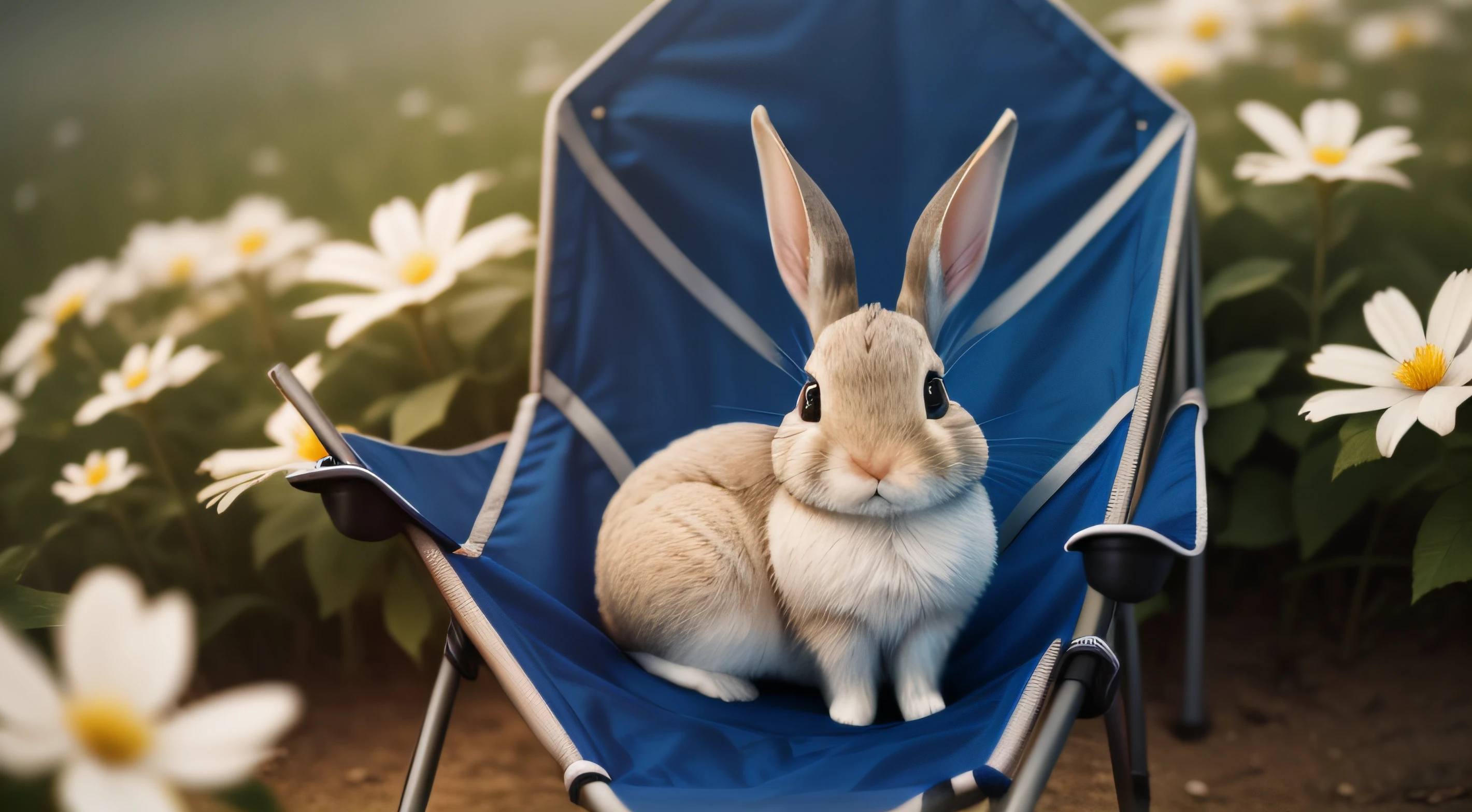 Photo of a little rabbit lying on a camping chair，Aerial overhead shot，clean backdrop，depth of fields，largeaperture，photography of，volume fog，Halo，blooms，Dramatic atmosphere