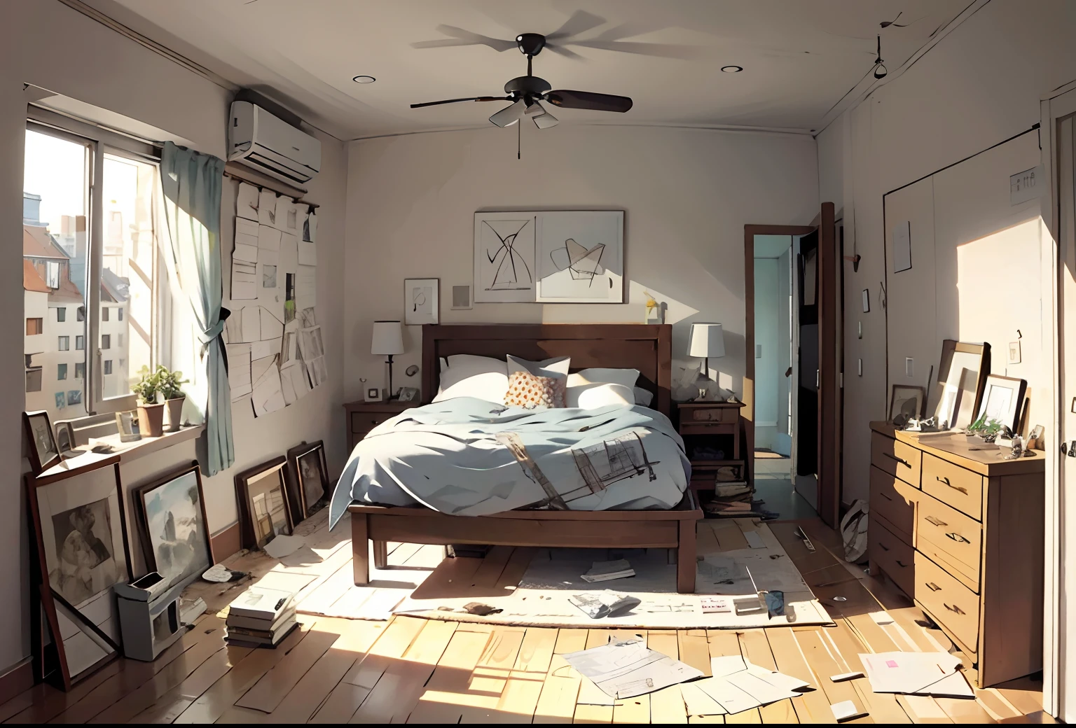 Bed , messy room walls covered with drawings, architectural illustration, high detail, realistic