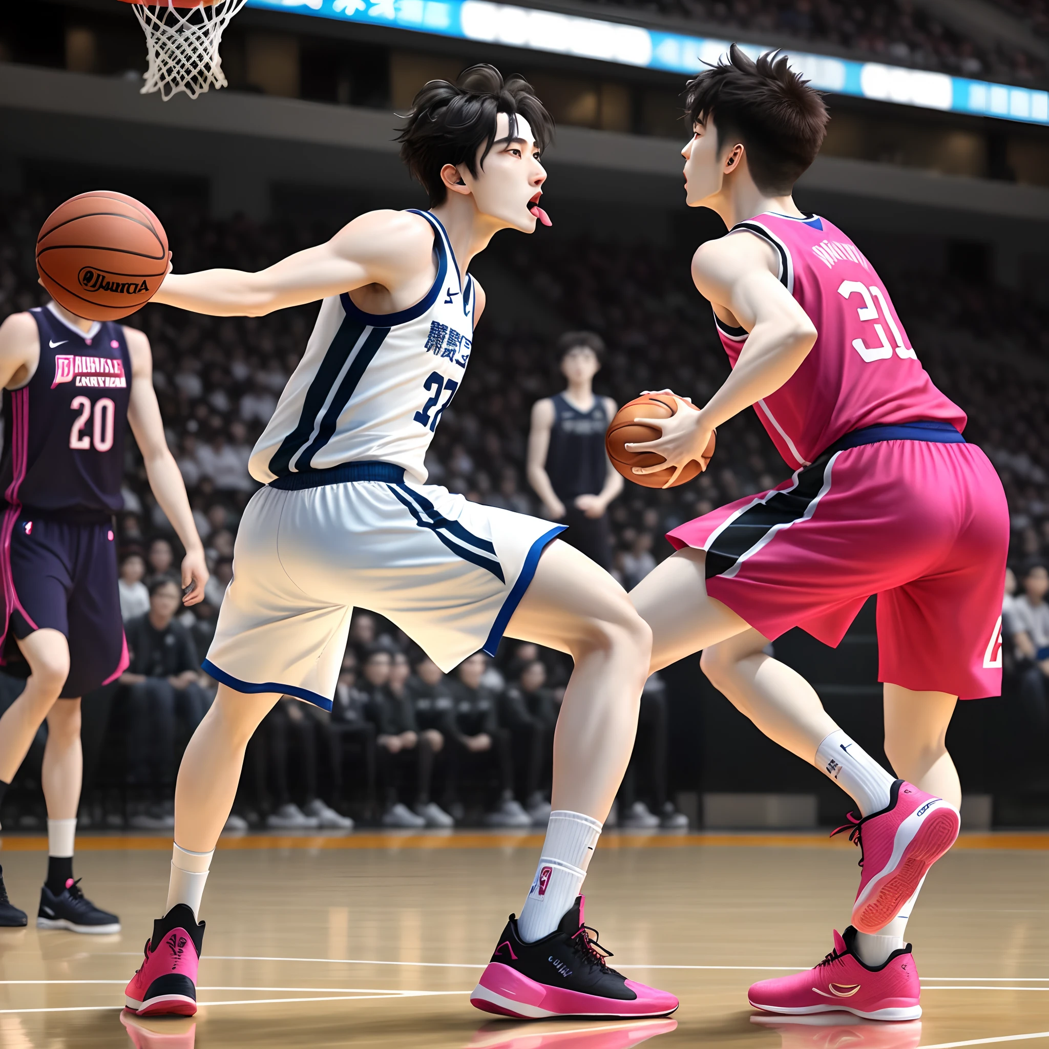 Cai Xukun plays basketball，Wear pink，Black shoes。Knock on ass Stick out your tongue