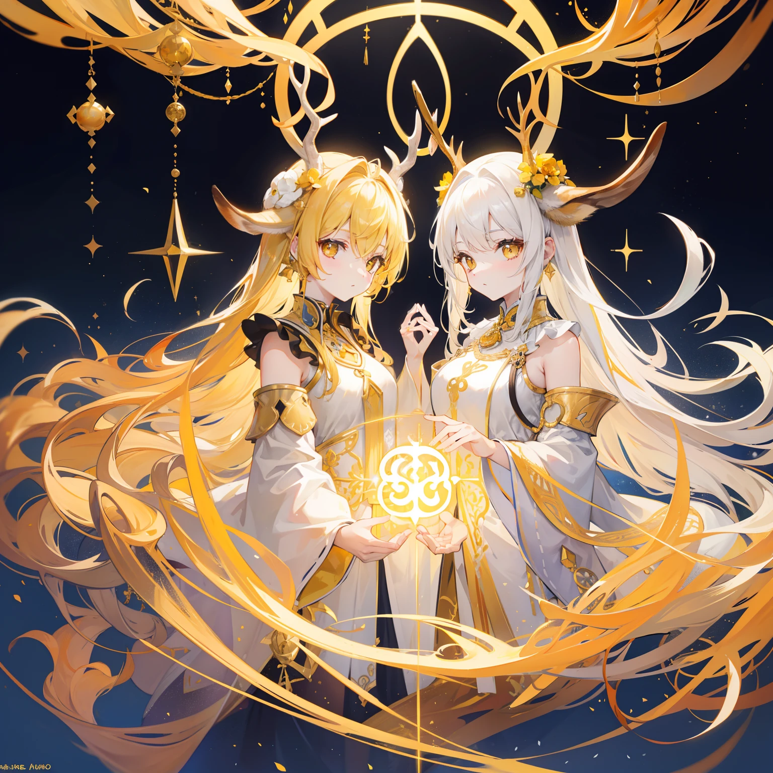 The Title Douluo Continent with multiple golden soul rings,It's a beautiful sister,Yellow, gold, and white color scheme,It is called the golden horned deer