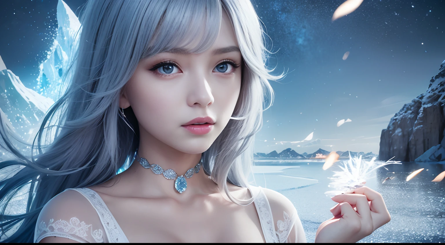 Beautiful female ice mage，Sky blue and gray curls,Sheer tulle dress，The expression is cold，Bokeh background, ice mountain,Fantasyart，detail-rich，电影灯光，real photograph，SLR camera,(Very detailed, reasonable design, Clear lines, High sharpness,Best quality, Masterpiece, 4K:1.2 )