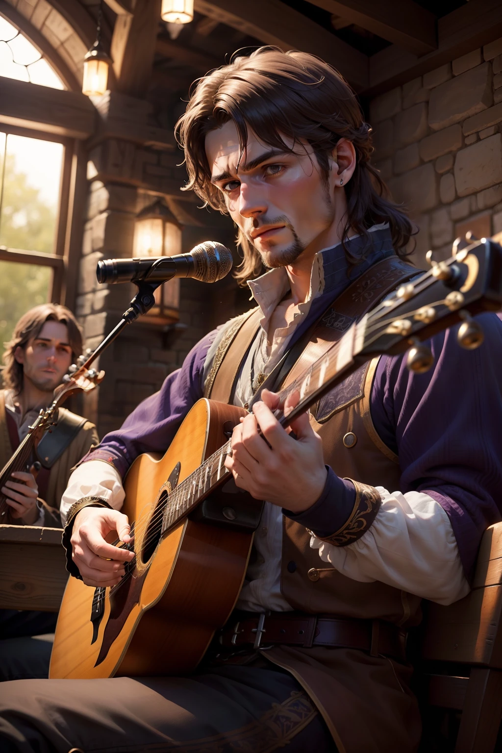 Generate a photorealistic image of a handsomely attired musician, adorned in medieval garments with selective purple tones, captivatingly performing in a rustic tavern setting. Illuminate the scene with natural light to evoke an authentic ambiance. Emphasize intricate details that showcase the musician's charisma and skill, while highlighting the tavern's historical charm, all combining to create a vibrant and enchanting atmosphere