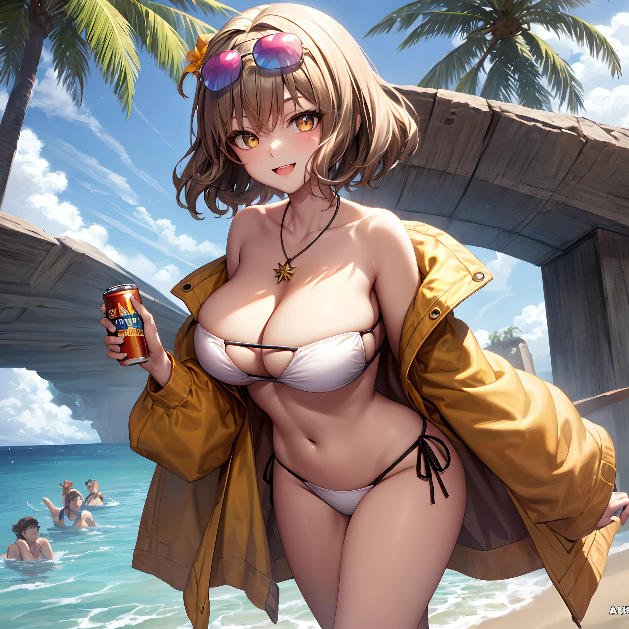 (solo focus: 2.0), (illustrations: 1.3), (best quality: 1.3),(dynamic pose and angle: 1.6), (looking at viewer: 1.4), BREAK,holding canned drinks，happy smiling,tropical beach, anisswim, yellow eyes, huge breasts, orange jacket, off shoulder, necklace,sunglass on head,(beautiful detailed eyes: 1.5),