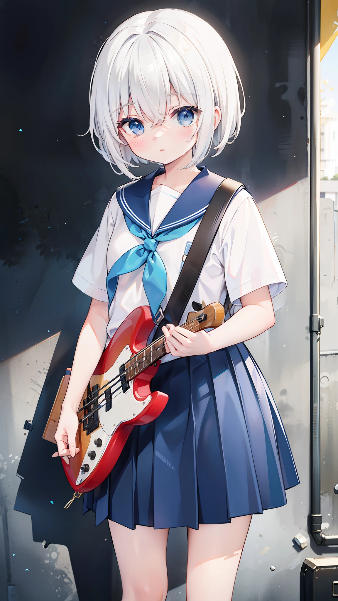 Holding a bass playing bassist, a girl standing on the street, white short hair, blue eyes, short sleeves, sailor suit, blue pleated skirt, handsome