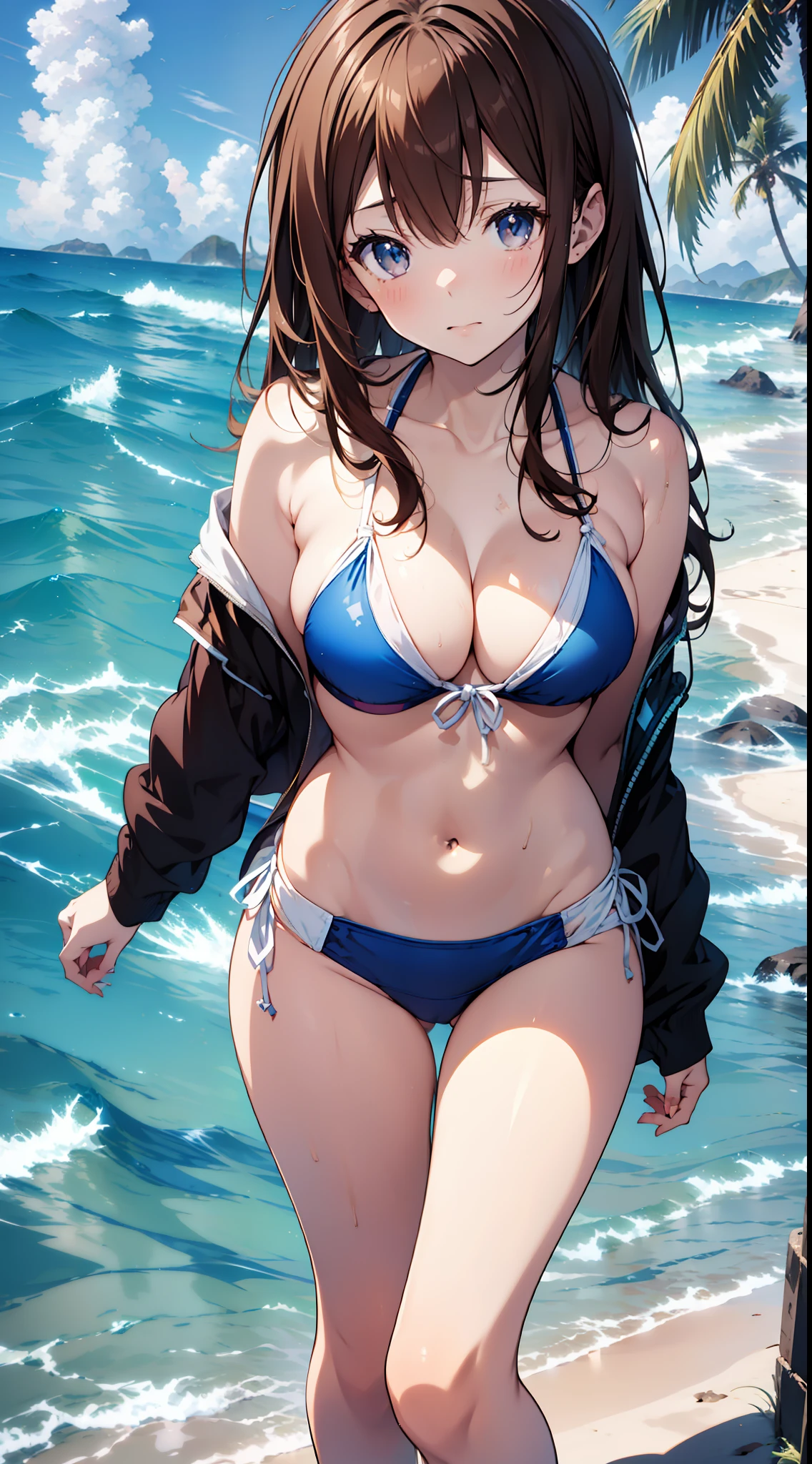 anime girl in a bikini on the beach with a blue sky in the background, realistic bikini, Seductive Anime Girl, in beach, in beach, anime moe art style, in beach, wearing a swimming wear, Smooth Anime CG Art, Swimsuit, on a sunny beach, in beach, in bikini, Cute Pose, Beautiful breasts, Brown hair