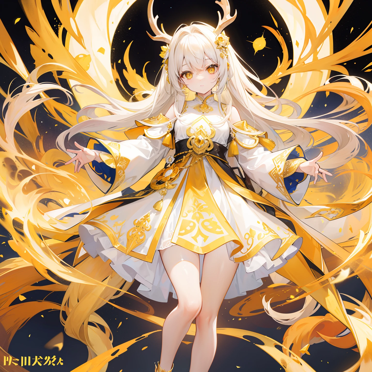 The Title Douluo Continent with multiple golden soul rings，It's a beautiful sister，Yellow, gold, and white color scheme，It is called the golden horned deer