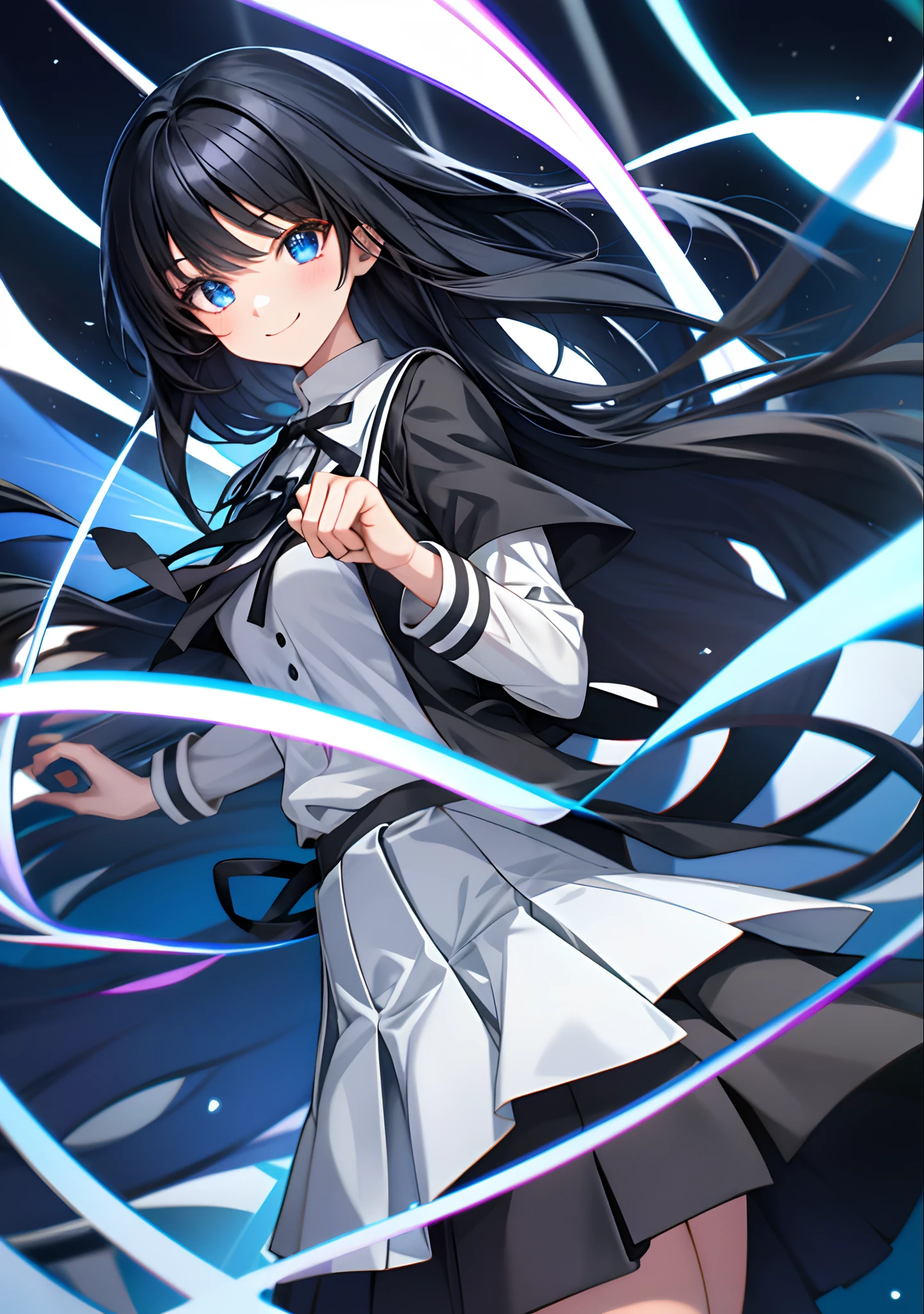 solo, anime girl with long black hair, light blue eyes, smile, school uniform, skirt