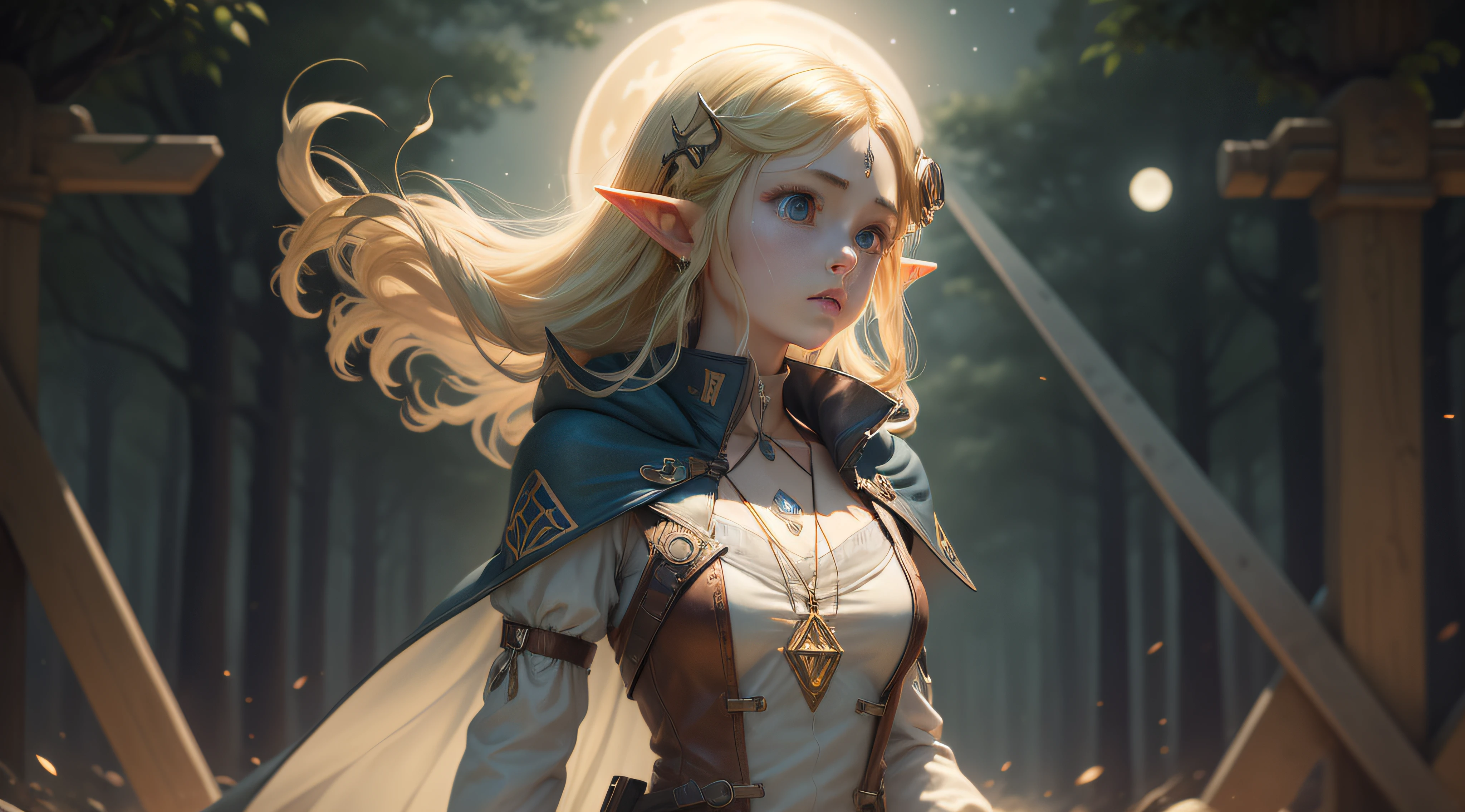 Beautiful, Masterpiece, Top Quality, Emotional Depth, Supernatural, Zelda, elf, blonde, TOTK, totk style, botw, blue cloak, triforce, long white dress, long dress, short hair, gold jewelry, round goggles, glowing jewelry, leather goggles, glowing moon, red moon, large moon, day, triforce necklace, triangles, three triangles, cute, anime, leather gloves, cotton dress, steampunk, large eyes, floating, anime, 1 girl, dirty face, dirty dress, outdoor