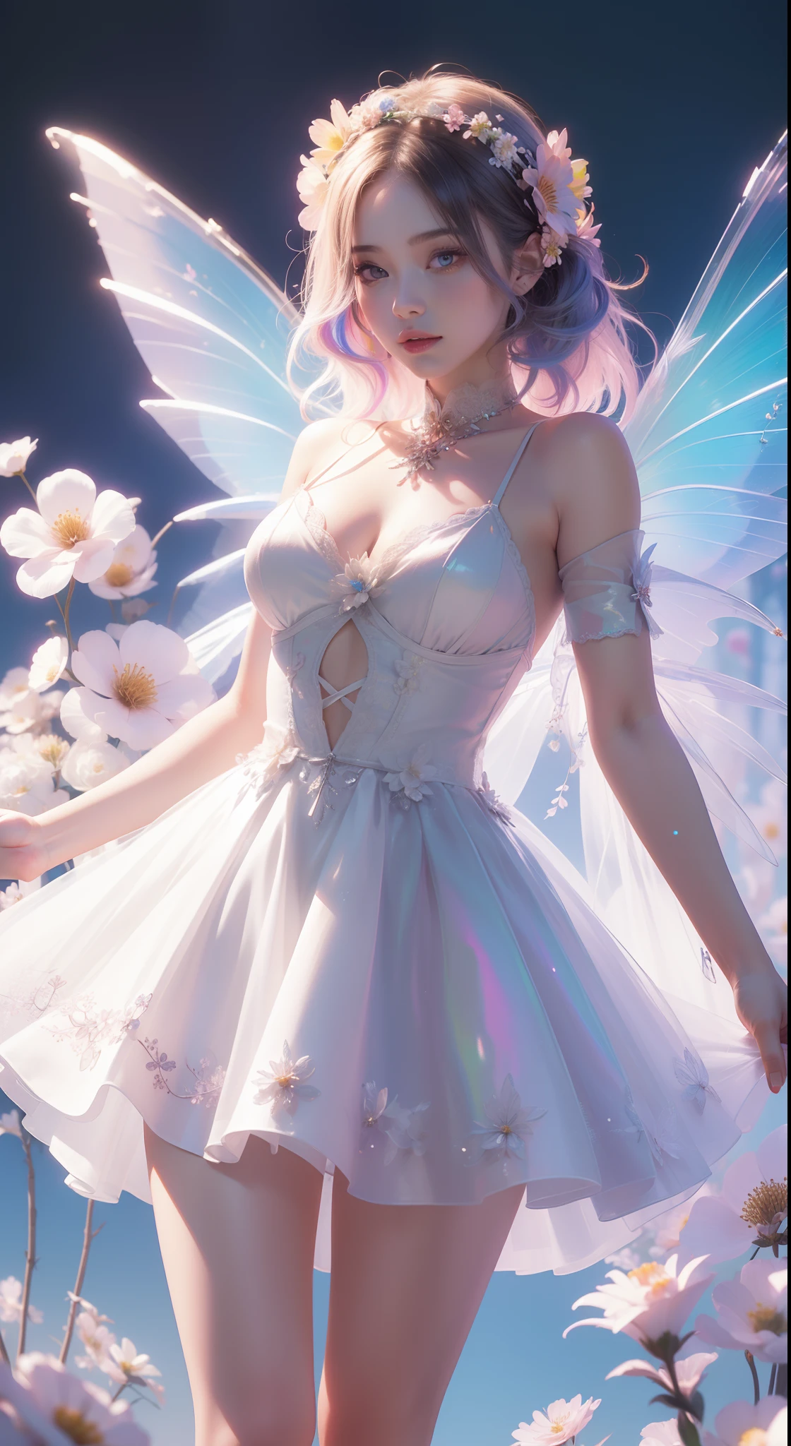 (((A girl))，Frontal photo，((The hair is covered with flowers)))，Long skirt，Irridescent color，(the Flower Fairy)，(((Colorful wings)))，(Rich colors)，springtime，The Arthur effect, Transparent body, Gradient translucent glass melt, Caustics, Irridescent color, Designed by Dietrams, Simple, Glows in high detail, white backgrounid, industrial design, studio lit, C4D, OC renderer, Clean shadows, 4K