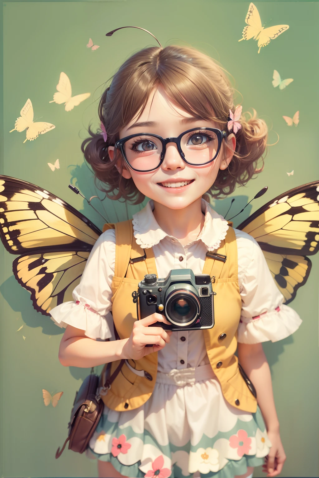 character girl, butterfly collector with butterfly net, happy girl, cartoon girl, cartoon, girl with glasses, camera, polaroid, happiness, butterfly, drawing, standing, full body,
