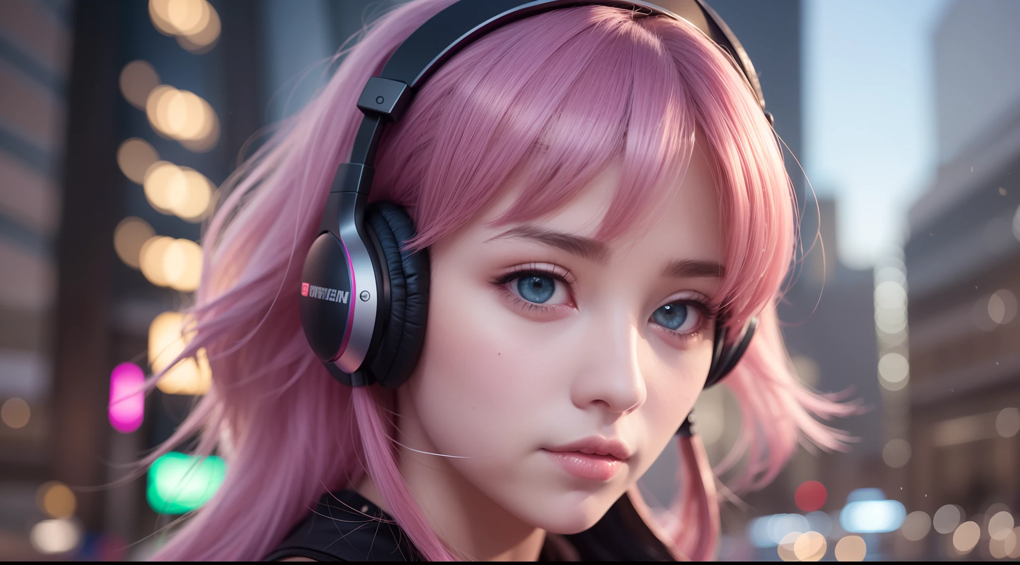 girl with headphones,hair color rainbow eyes red cyberpunk,8K extremely detailed, smooth, high resolution, ultra quality, highly detailed eyes, highly detailed mouth, highly detailed face brightness, iridescent, global lighting, real hair movement, real light, real shadow, real face, hd, 2k, 4k, 8k, 16k, realistic light, realistic shadow, bright eyes, fluorescent eyes, soft light, dream light,anime, 3d, japan, pixar, masterpiece, best quality, , portrait, night city with one at lamborghin background