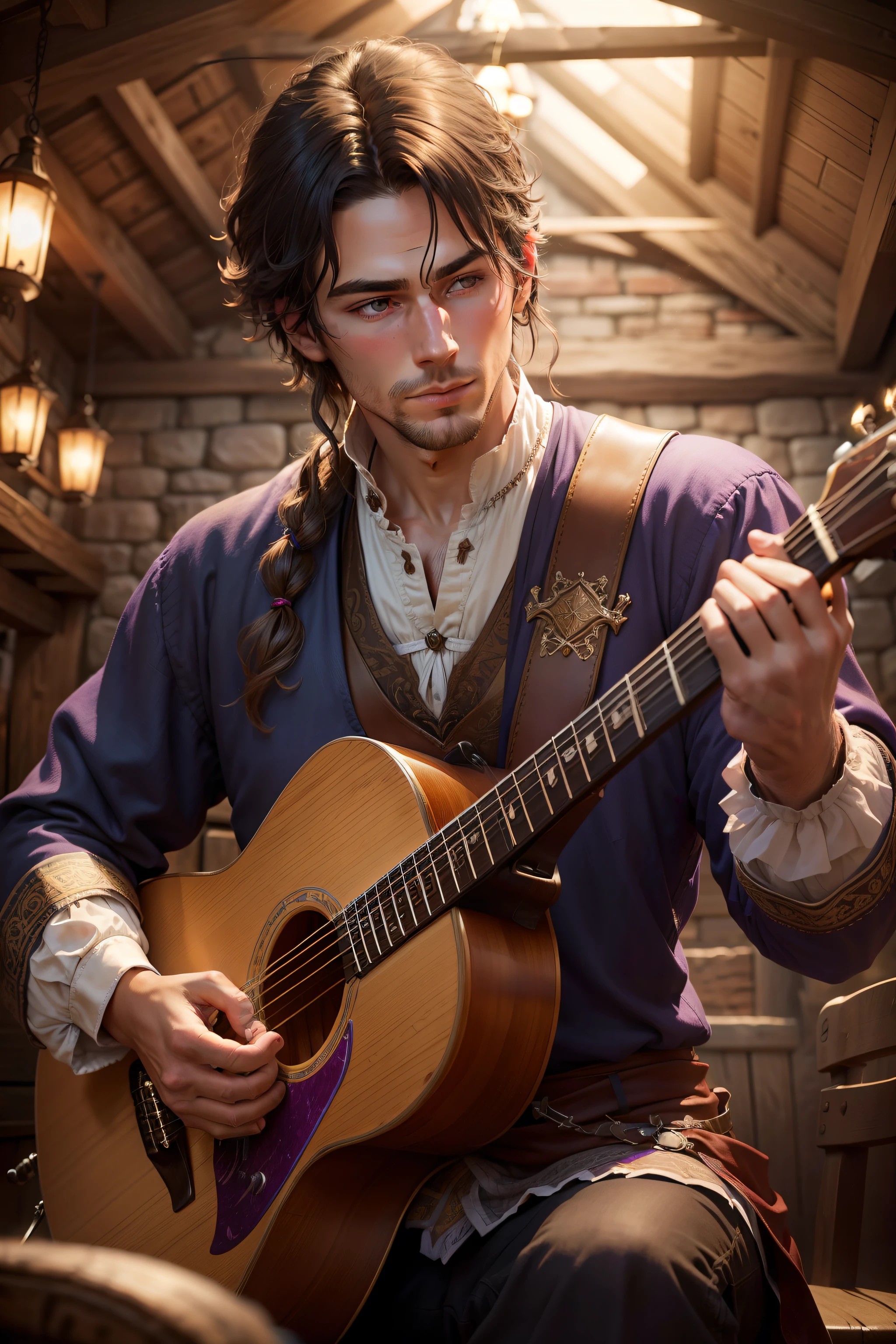 Generate a photorealistic image of a handsomely attired musician, adorned in medieval garments with selective purple tones, captivatingly performing in a rustic tavern setting. Illuminate the scene with natural light to evoke an authentic ambiance. Emphasize intricate details that showcase the musician's charisma and skill, while highlighting the tavern's historical charm, all combining to create a vibrant and enchanting atmosphere