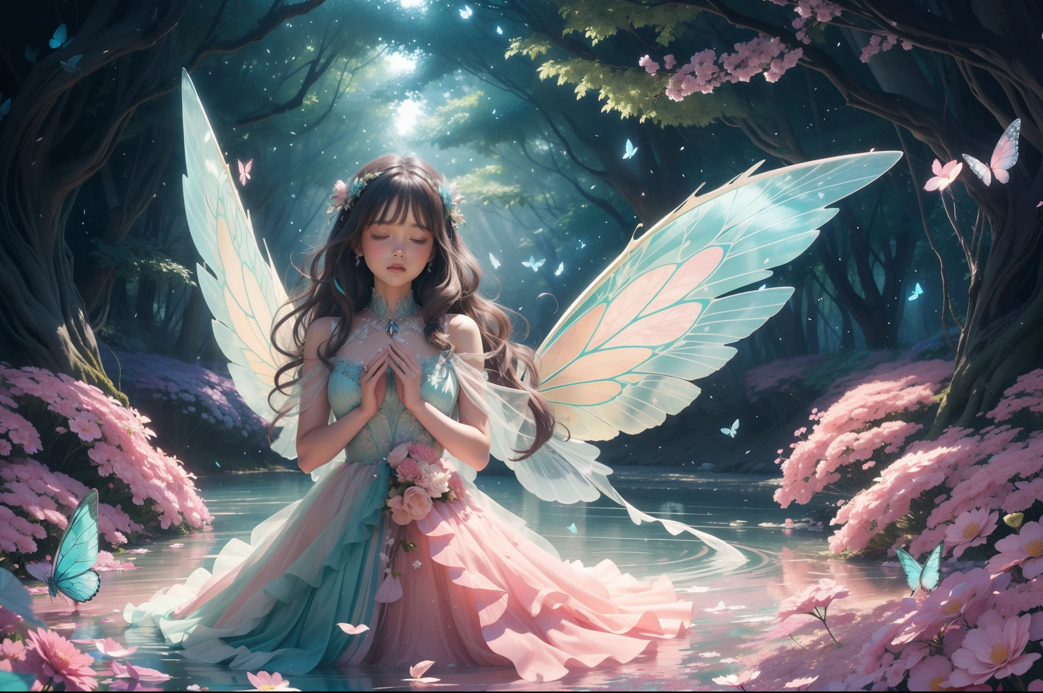 A young fairy in vortex of falling flowers and leaves. Butterfly like Wings. She wears a multilayered ruffled dress in light  pink transparent fabric with silver and aquamarine embellishments. Long messy wavy hair in teal colour. She is merging from a swirl of multicoloured varieties of flowers and leaves of different shapes and tones of green. Magical flowery forest as background, clear day, sunny, light filtering through the trees. Photorealistic.