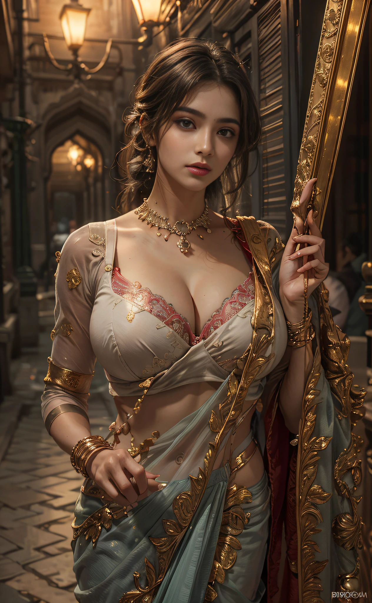 walking in a moonlit courtyard, exotic girl, indian, looking at the viewer, shining skin, perfect lighting, the embodiment of grace and elegance, (saree and bra), (Big Tits:1.5), cleavage, clear curvy details, beautiful curves, detailed eyes, detailed pupil, volumetric lighting, Ultra Detailed, unity 8k wallpaper, ultra detailed, aesthetic, masterpiece, best quality, photorealistic.red daiomond sare
