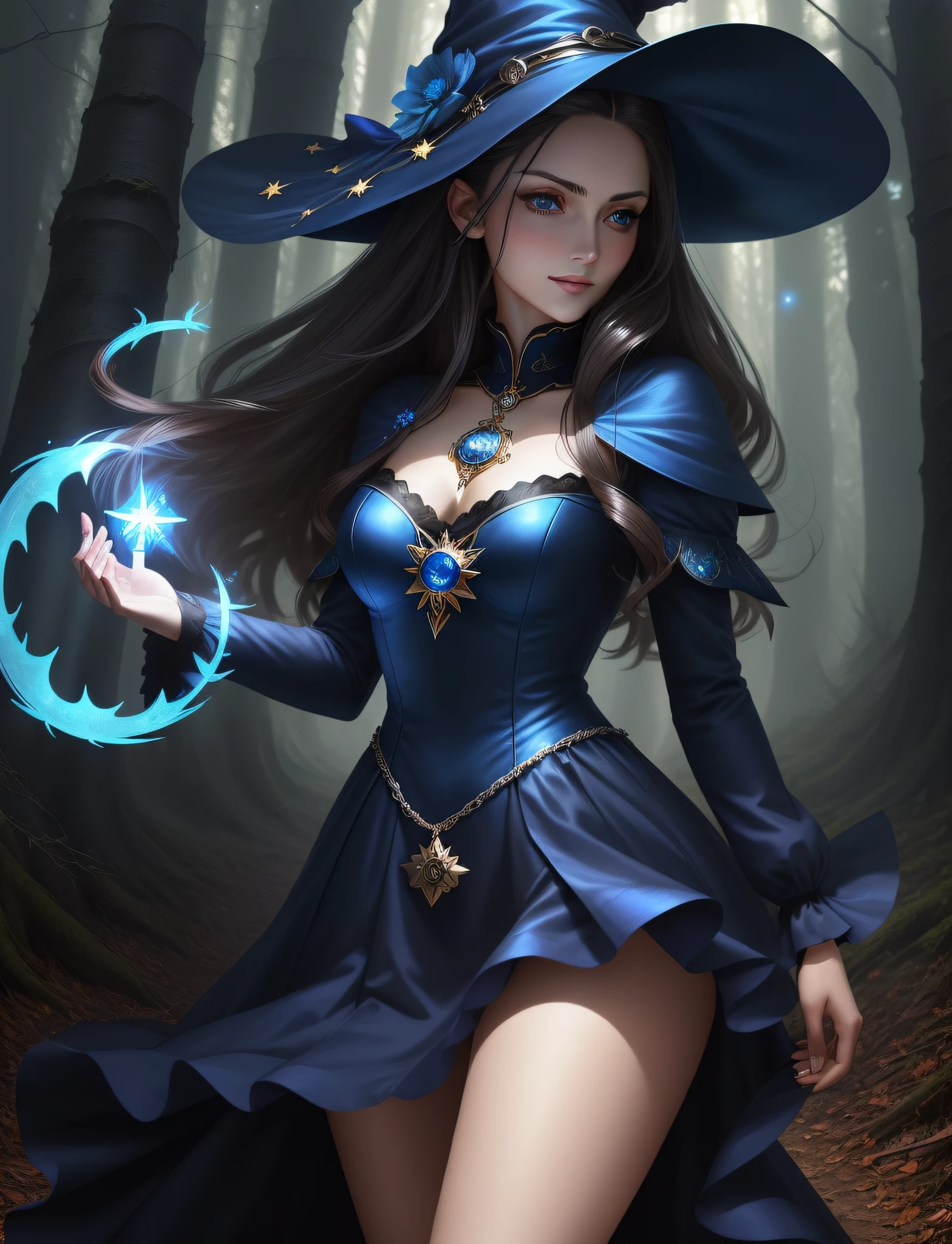 ((masterpiece)), ((best quality)), ((ultra-detailed)), illustration, Woman 1, young and sensual appearance, straight dark hair down to the back, deep blue eyes, black eyebrows, witch&#39;s dress, medallion in the shape of a star, blue fire in her hands, mischievous smile, intimidating look, background of a dark and gloomy forest, a trail of deep blue will-o&#39;-the-wisp burning the forest, silver rings on her dense forefinger,