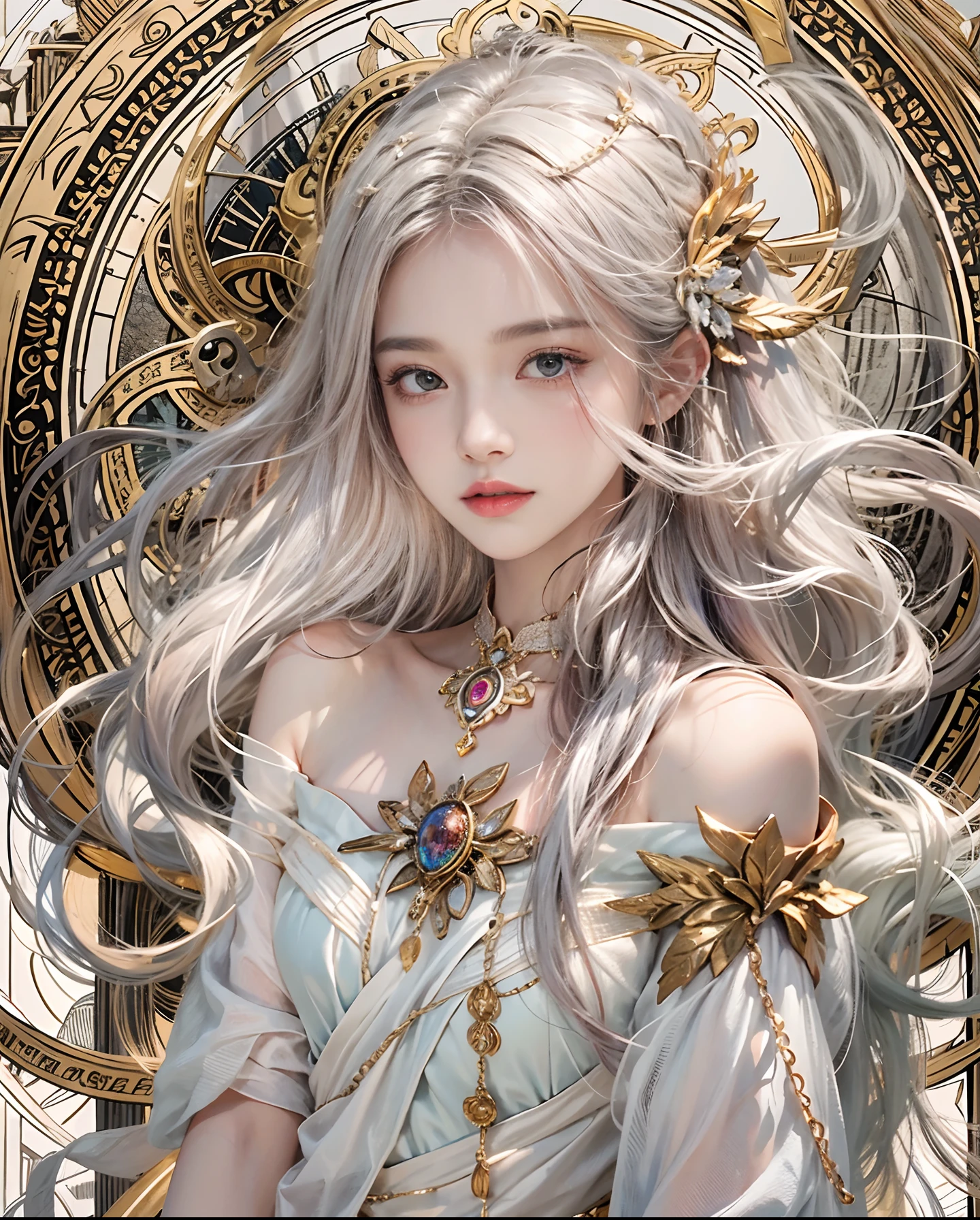 Official art、Wizard of Time、Use Time Magic to travel through time and space、Girl with the power of a magic wand、The background is reminiscent of the passage of time、Beautiful woman in white and black robes with open chest、PerfectNwsjMajic,(masterpiece、top-quality、top-quality、Official art、Beautifully Aesthetic:1.2)、(1girl in)、ighly detailed、colourfull、highestdetailed、Official art、Unity 8k壁纸、ultra-detailliert、Beautifully Aesthetic、Beautiful face in detail、masterpiece、top-quality、(Zentangle、a Mandala、Tangles、Entanglement)、Holy Light、pure、There are also resilient messages, Overcoming and hope. Breasts are small and B size、A slender、The chest is open、Eyes are double(A detailed eye), Beautifully detailed、Hair that flutters in the wind、Maroon Gradient Hair Color、Hair is a silvery gradient color、high-heels、Gold Anklet、Large dial background、Beautiful girl walking on big dial、