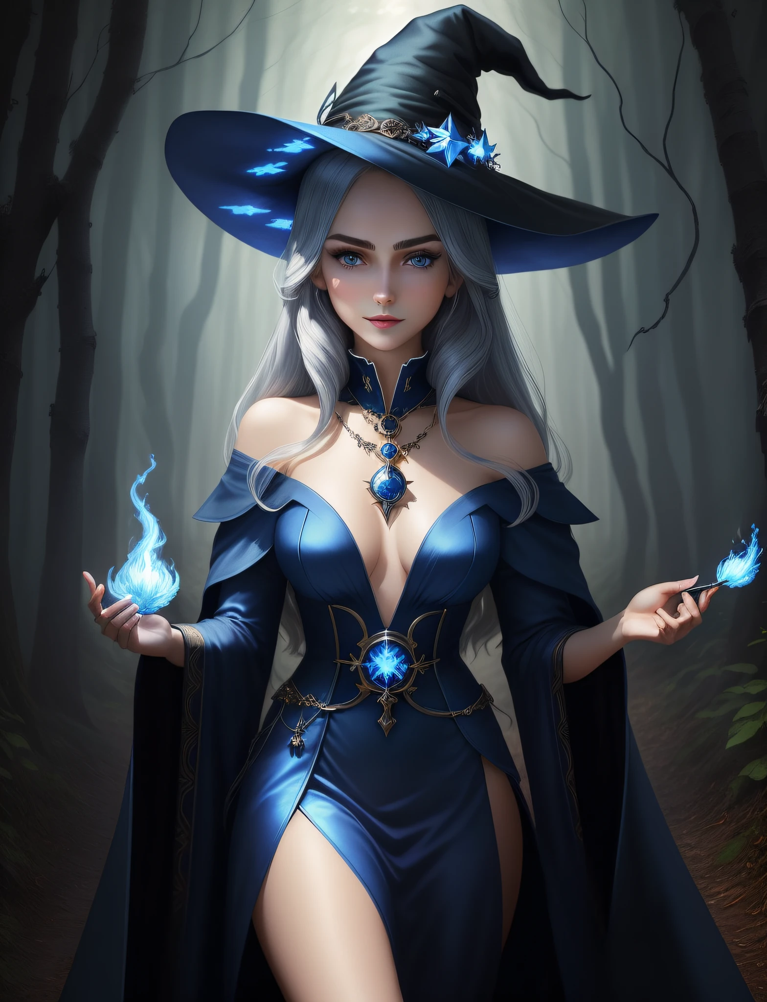 ((masterpiece)), ((best quality)), ((ultra-detailed)), illustration, Woman 1, young and sensual appearance, straight dark hair down to the back, deep blue eyes, black eyebrows, witch&#39;s dress, medallion in the shape of a star, blue fire in her hands, mischievous smile, intimidating look, background of a dark and gloomy forest, a trail of deep blue will-o&#39;-the-wisp burning the forest, silver rings on her dense forefinger,