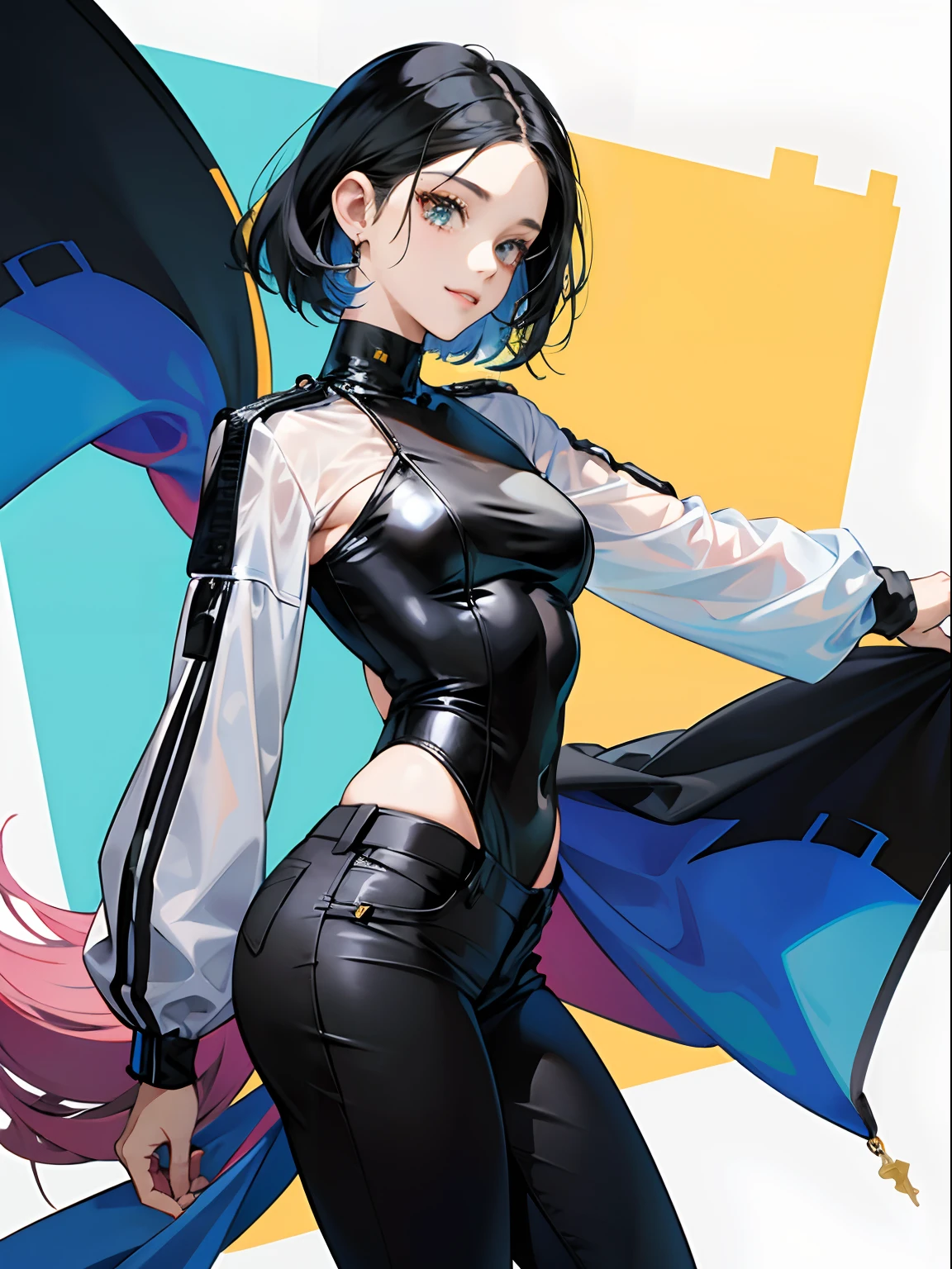 Personagem feminina, cabelo curto cor amarelo, olhos azuis, estilo anime, corpo inteiro, Dimensions 1080x1920, jaqueta curta cyberpunk, black pant, sapatos azuis, white scenarios, face expression, feliz, sorriso, 4 expressions, feliz, Confusion, com raiva,Shy, position, de frente, sozinha