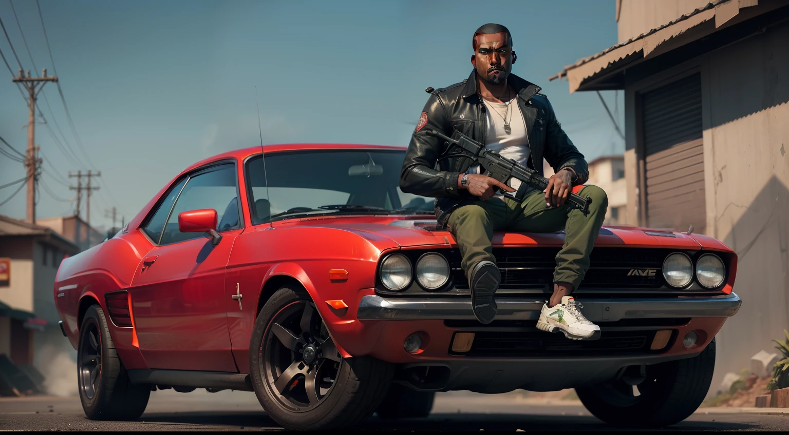 there is a man, gta personagem, Como o protagonista de GTA 5, gta v estilo, como um personagem gtav, Kanye West de cabelo red, em GTA v, em gta v, gta5 estilo, gta v personagem, empunhando fuzil de assalto, gta 5 tom de pele negra, em GTA v, jaqueta ,Fuzil AK-47, Fundo da favela do estilo brasileiro, e o personagem de cabelos vermelhos,Favela no Brasil, carro preto,Dodge Challenger preto ,with Ak-47 rifle in hand, rifle in hands,vehicle preto