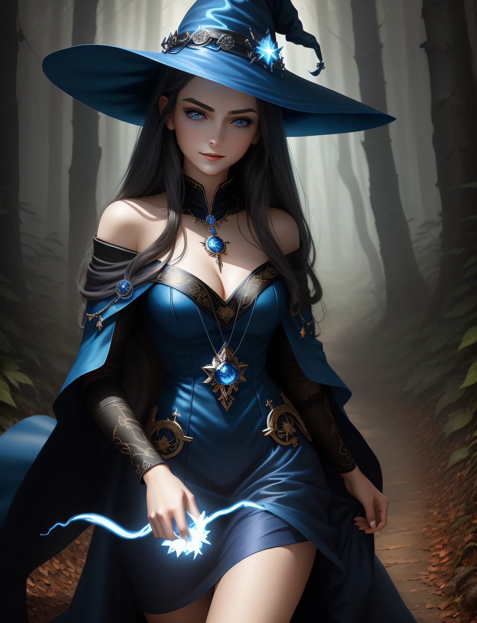 ((masterpiece)), ((best quality)), ((ultra-detailed)), illustration, Woman 1, young and sensual appearance, straight dark hair down to the back, deep blue eyes, black eyebrows, witch's dress, medallion in the shape of a star, blue fire in her hands, mischievous smile, intimidating look, background of a dark and gloomy forest, a trail of deep blue will-o'-the-wisp burning the forest, silver rings on her dense forefinger,
