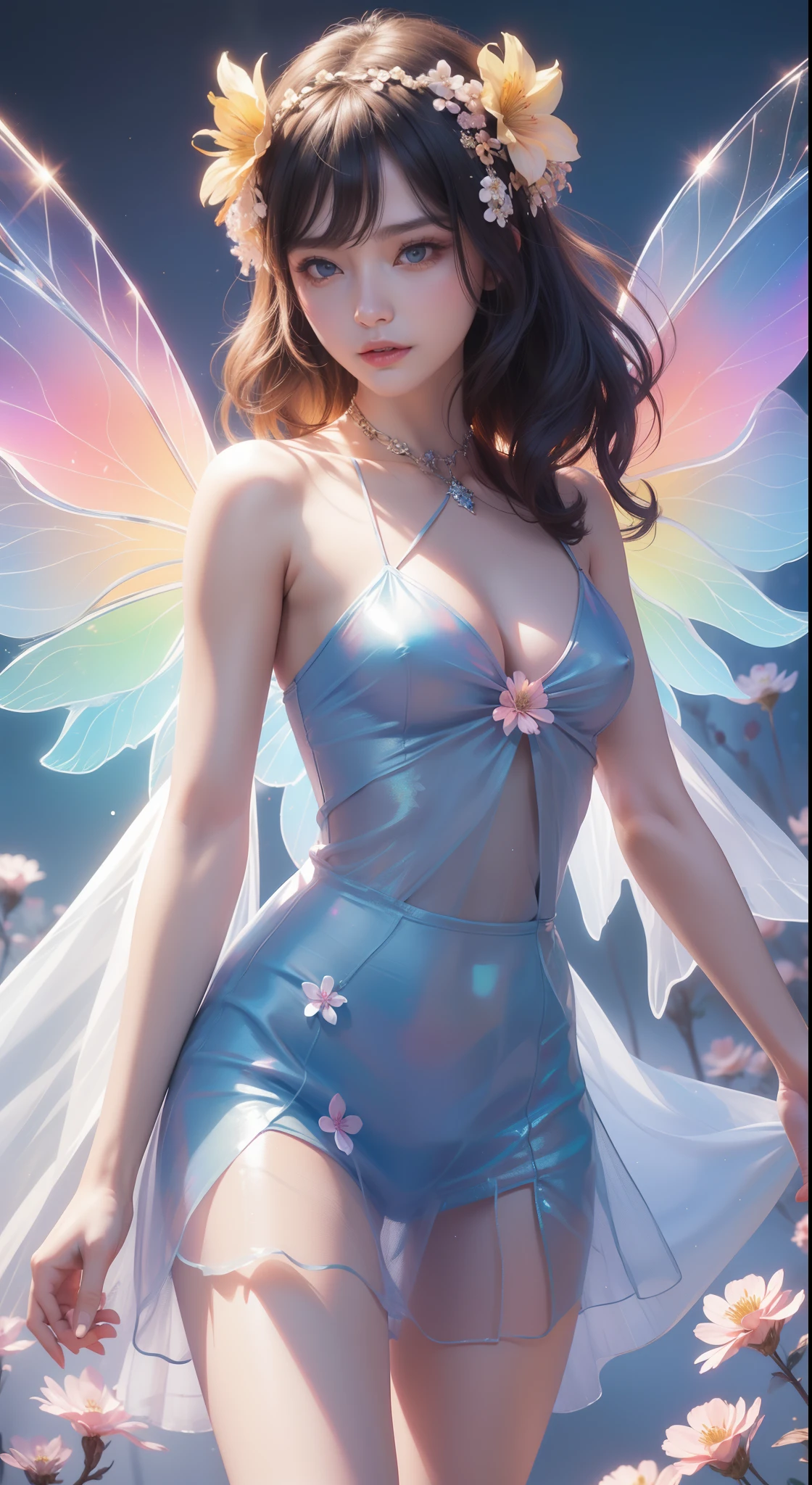 (((A girl)),Frontal photo,((The hair is covered with flowers))),Long skirt,Irridescent color,(the Flower Fairy),(((Colorful wings))),(Rich colors),springtime,The Arthur effect, Transparent body, Gradient translucent glass melt, Caustics, Irridescent color, Designed by Dietrams, Simple, Glows in high detail, white backgrounid, industrial design, studio lit, C4D, OC renderer, Clean shadows, 4K
