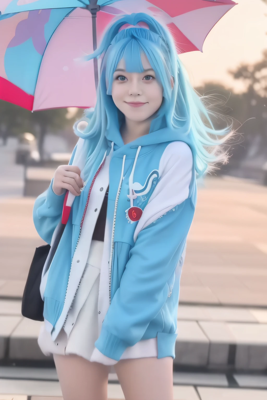 mix4, best quality, ultra high res, (photorealistic:1.4), intricate details, 1girl, Kobo, Multicolored hair, Aqua eyes, light blue hair, white hair tips, smirk, petite, wear light blue hoodie, white mini skirt, red boots, holding umbrella, look at viewer, one eye closed, classroom background, soft lightning, warm tone, tan skin, realistic