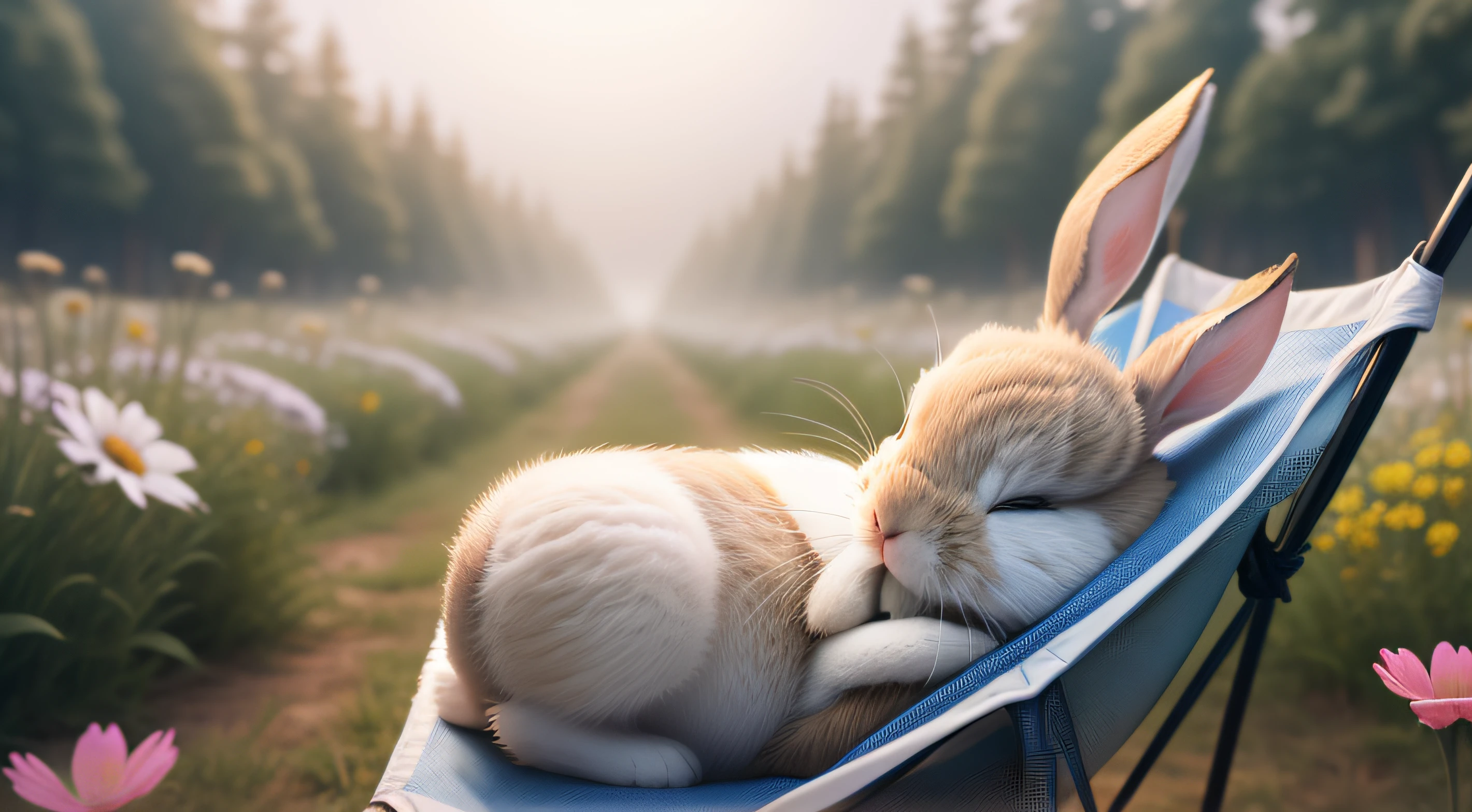 Photo of a little rabbit sleeping on a camping chair，With his eyes closed，Aerial overhead shot，clean backdrop，depth of fields，largeaperture，photography of，volume fog，Halo，blooms，Dramatic atmosphere