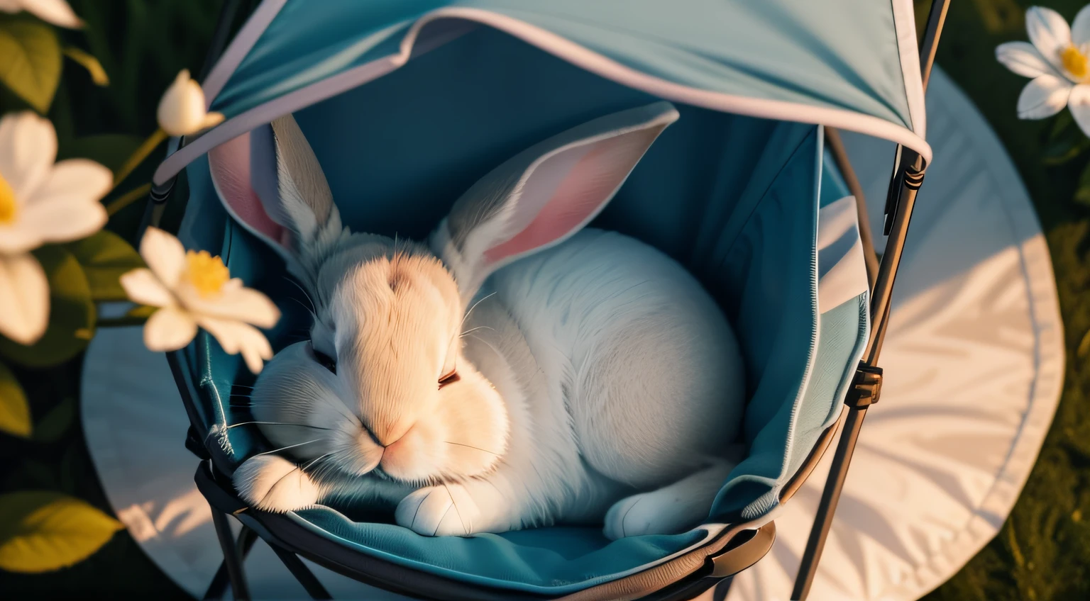 Photo of a rabbit sleeping on a camping chair,With his eyes closed,Aerial overhead shot,clean backdrop,depth of fields,largeaperture,photography of,volume fog,Halo,blooms,Dramatic atmosphere
